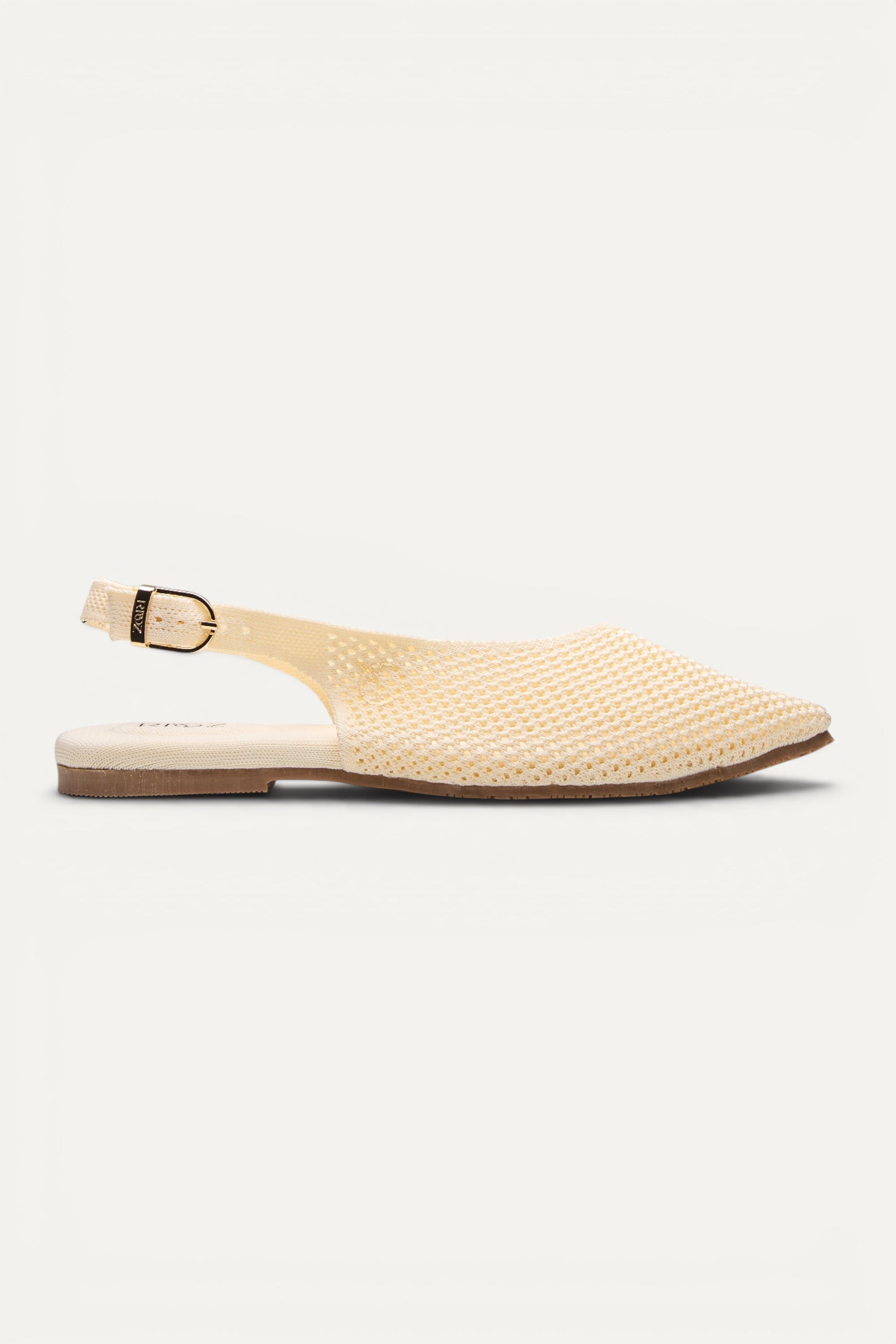 Top view of Rioz Airknit Slingbacks (ivory, pointed-toe), lightweight knit flats from rPET bottles.