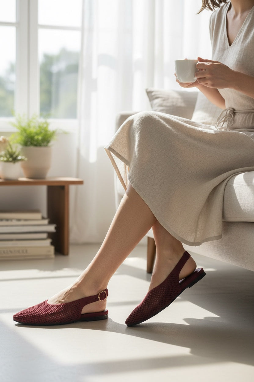 Maroon Rioz Airknit Slingbacks — vegan pointed-toe knit flats for office and evenings, machine washable.