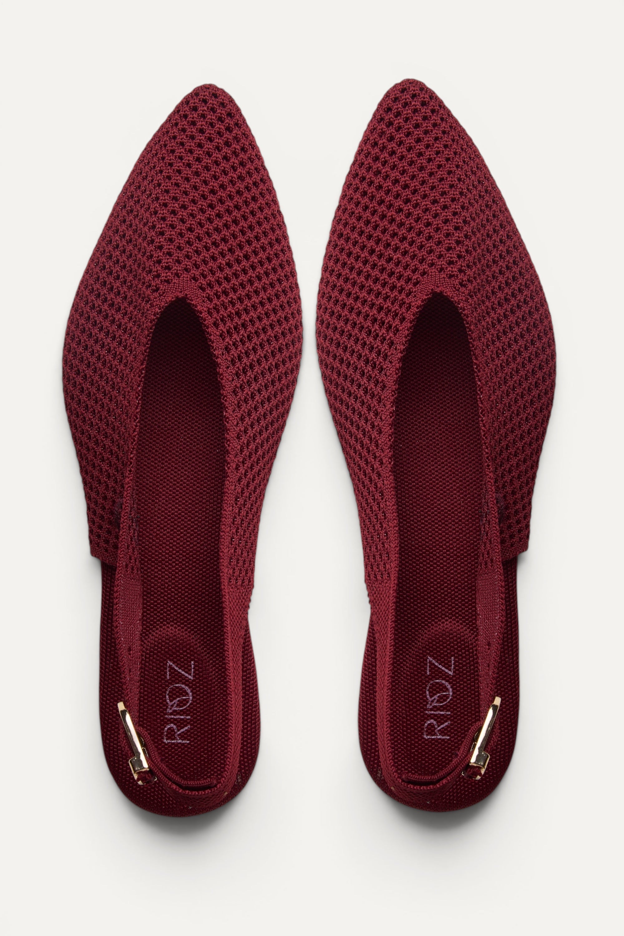 Rioz Airknit Slingbacks in maroon, vegan pointed-toe knit flats from recycled PET bottles, made in India.