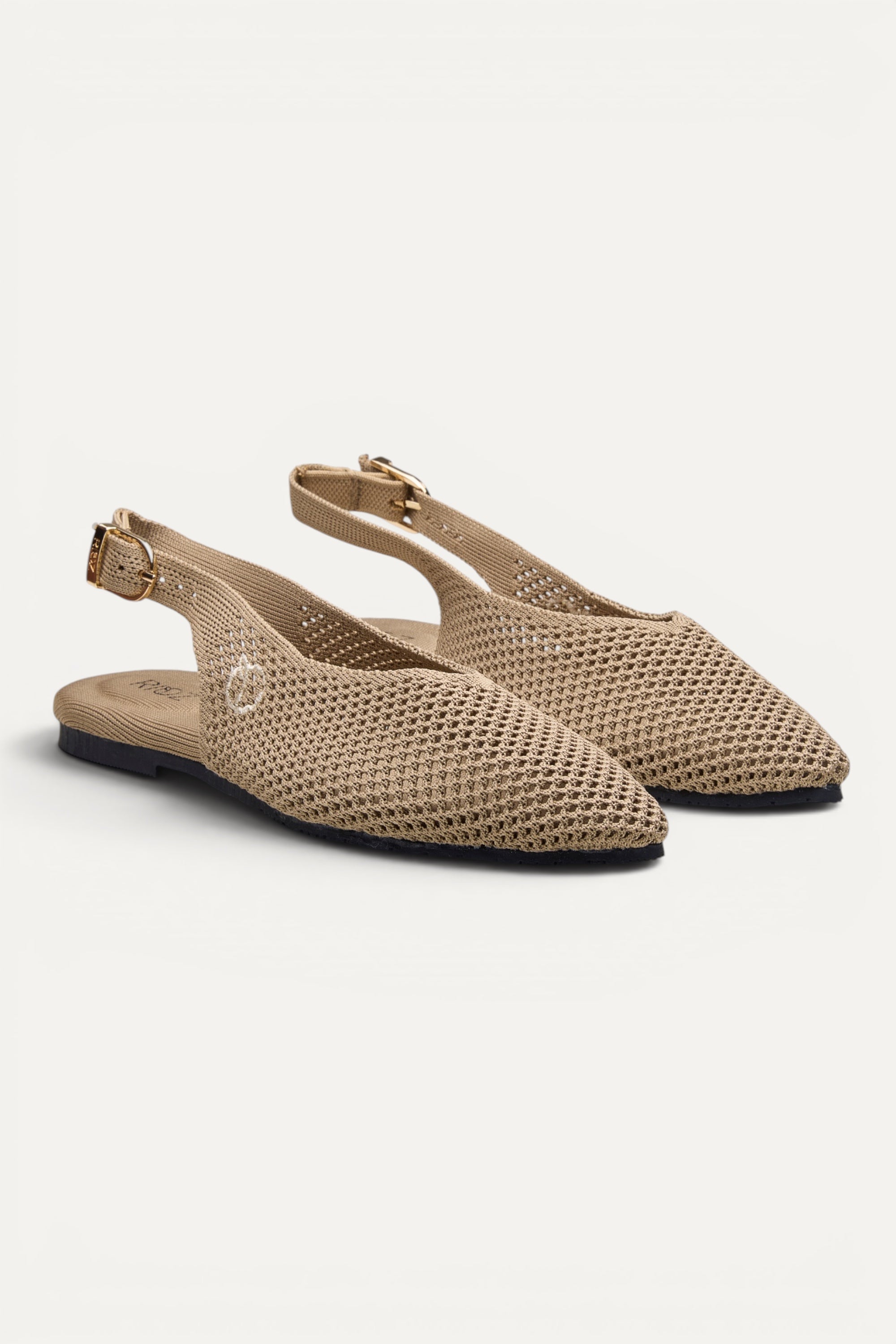 Rioz Airknit Slingbacks in sand, vegan pointed-toe knit flats from recycled PET bottles, made in India.