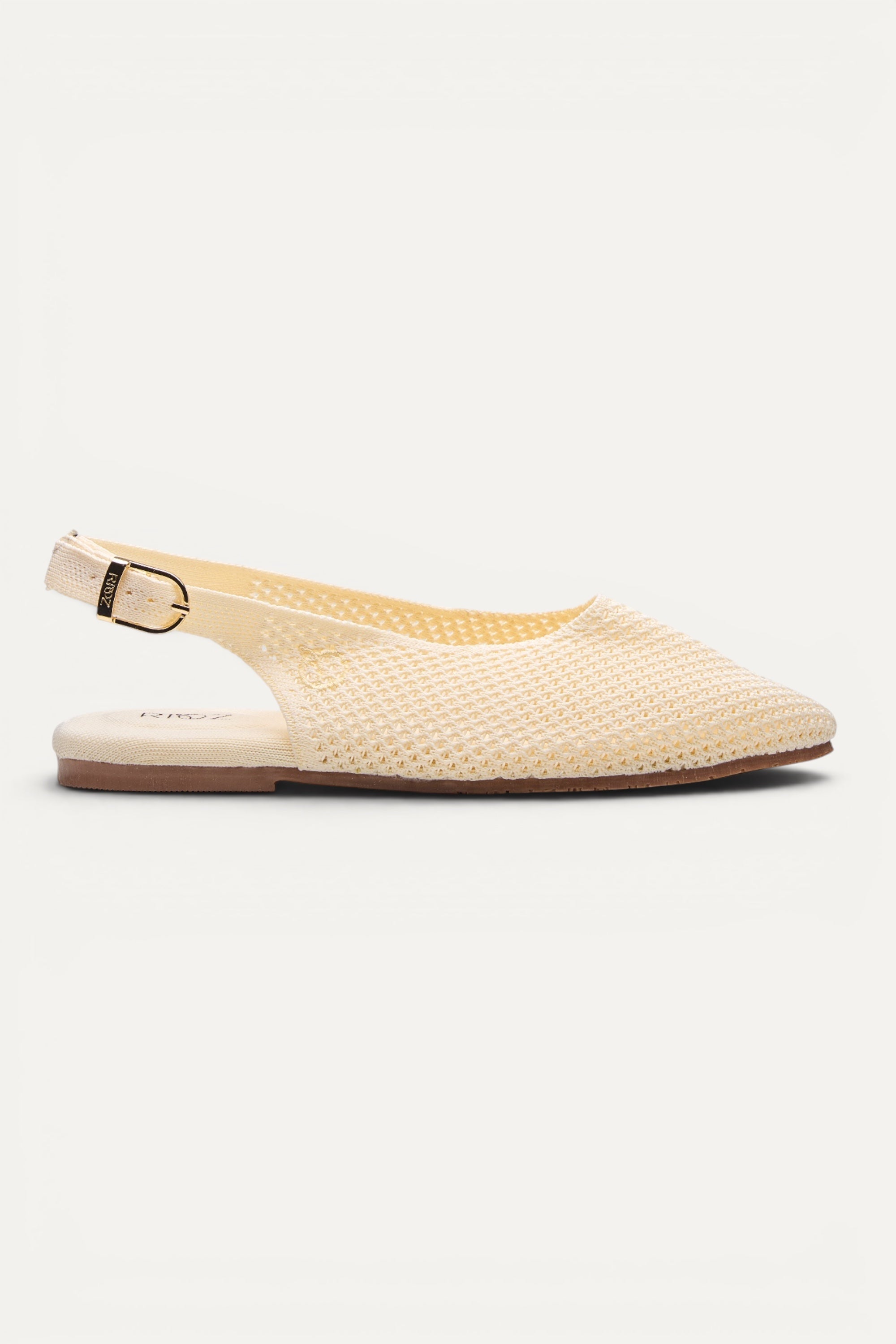 Top view of Rioz Airknit Slingbacks (ivory, almond-toe), lightweight knit flats made in India from rPET.