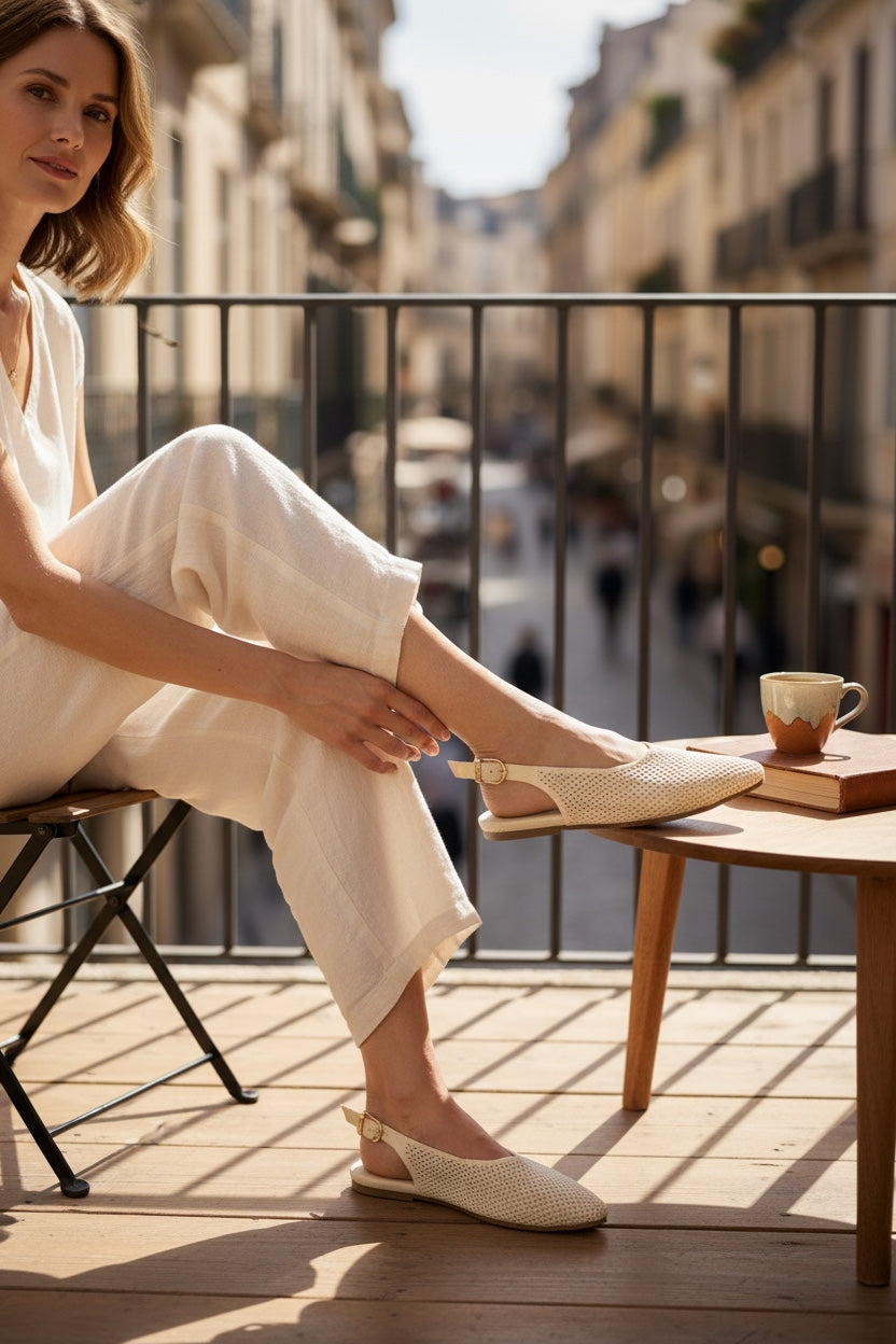Side view of Rioz Ivory Airknit Slingbacks, breathable open-mesh almond-toe knit flats for women.