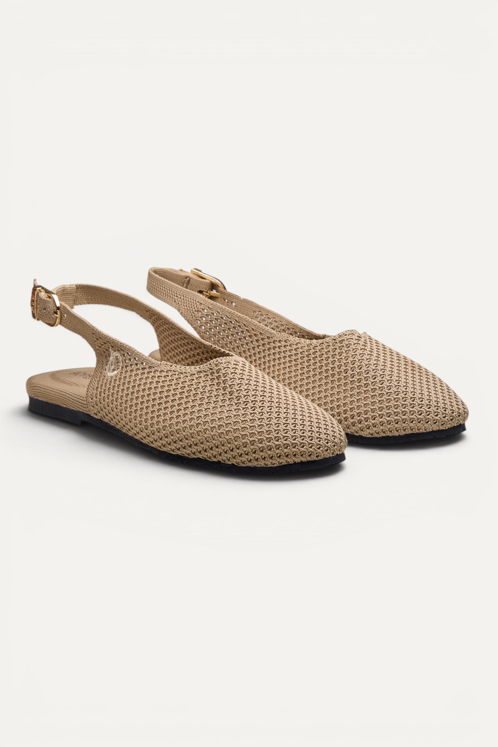 Rioz Airknit Slingbacks in sand, vegan almond-toe knit flats from recycled PET bottles, made in India.
