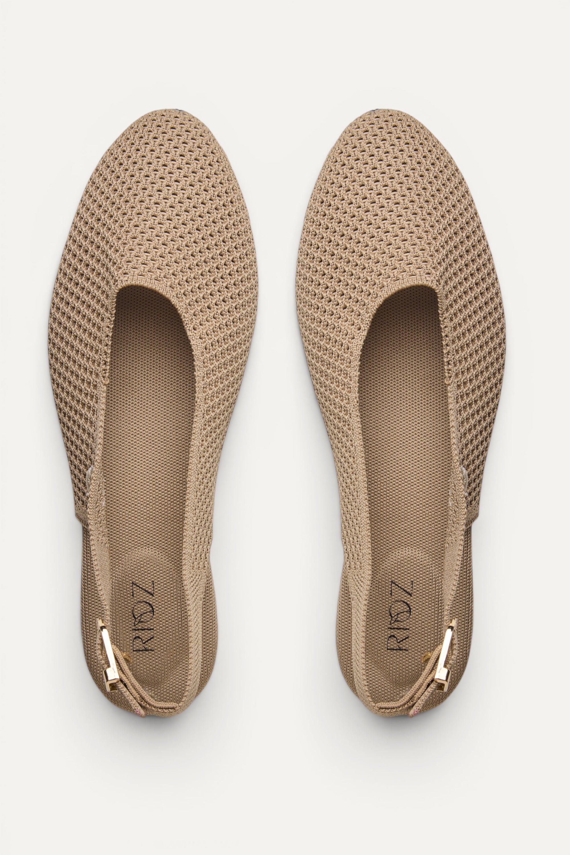 Rioz Airknit Slingbacks in sand, vegan almond-toe knit flats from recycled PET bottles, made in India.