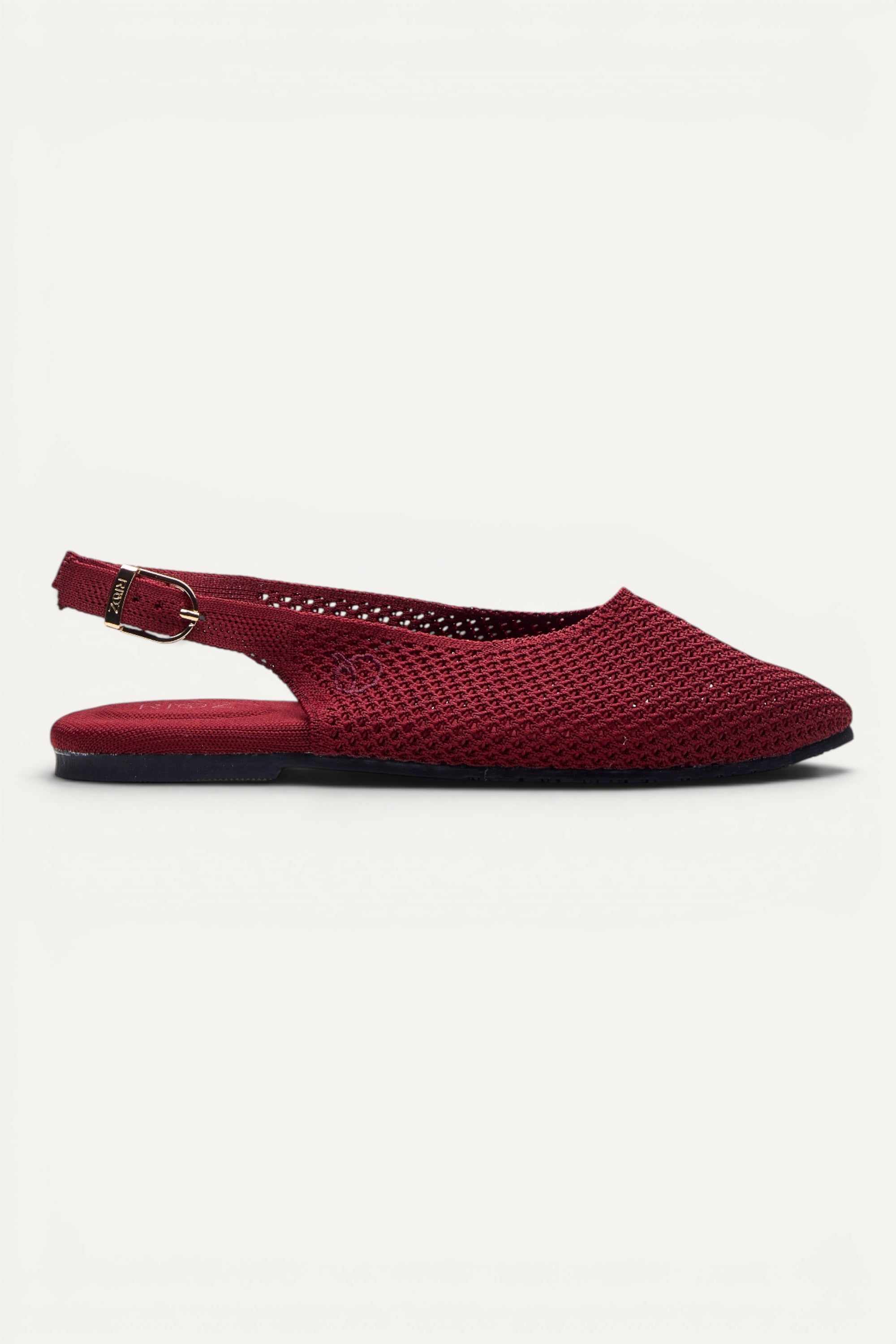 Top view of Rioz Airknit Slingbacks (maroon, almond-toe), lightweight knit flats made in India from rPET.