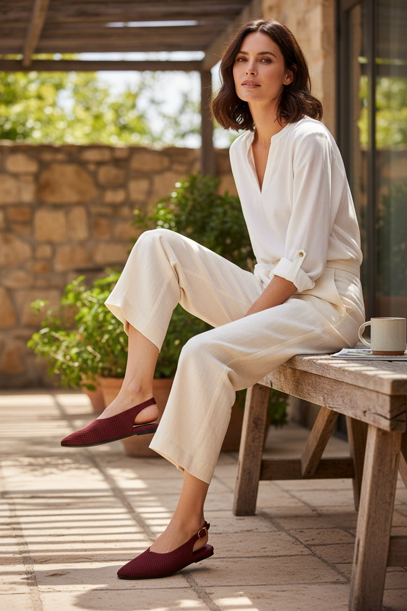 Side view of Rioz Maroon Airknit Slingbacks, breathable open-mesh almond-toe knit flats for women.