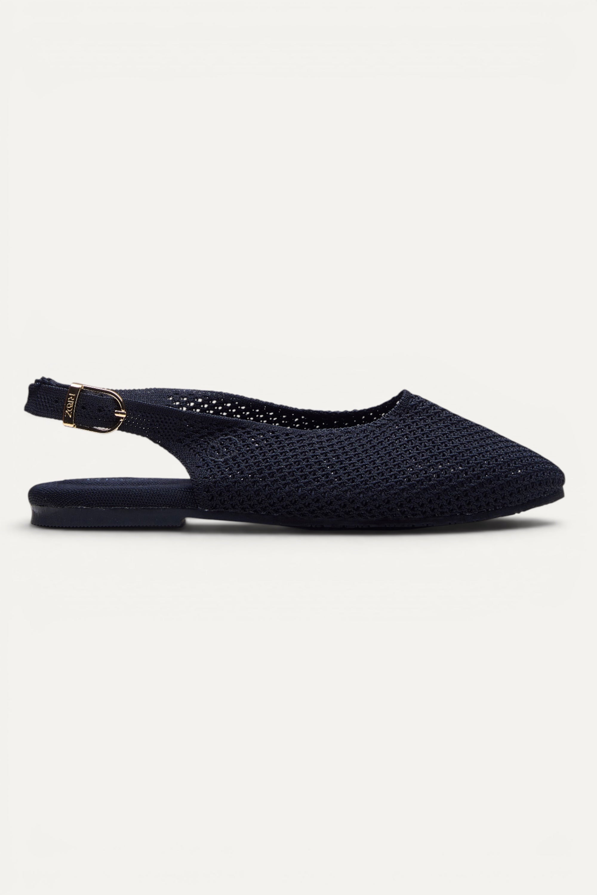 Top view of Rioz Airknit Slingbacks (black, almond-toe), lightweight knit flats made in India from rPET.
