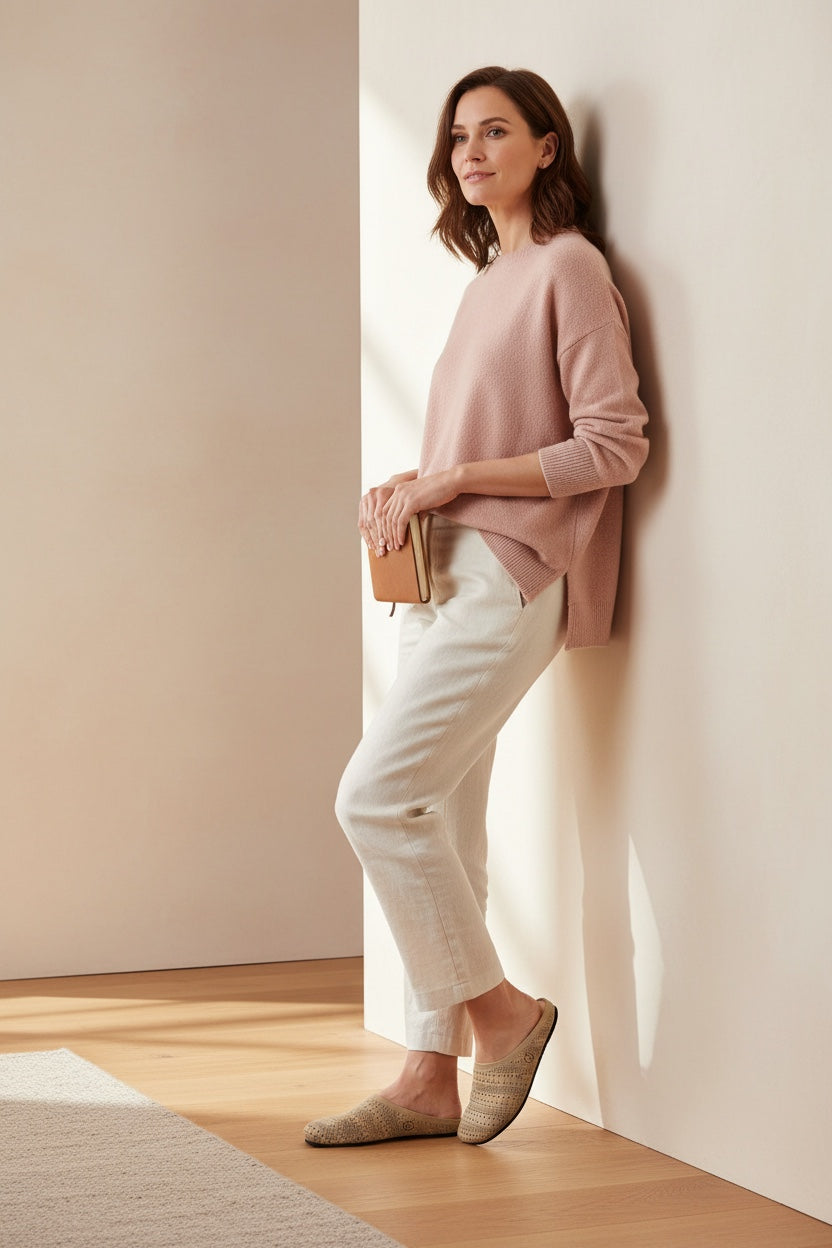 Side view of Rioz Sand Lumi Mules, breathable pointelle knit closed-toe slip-on clogs.