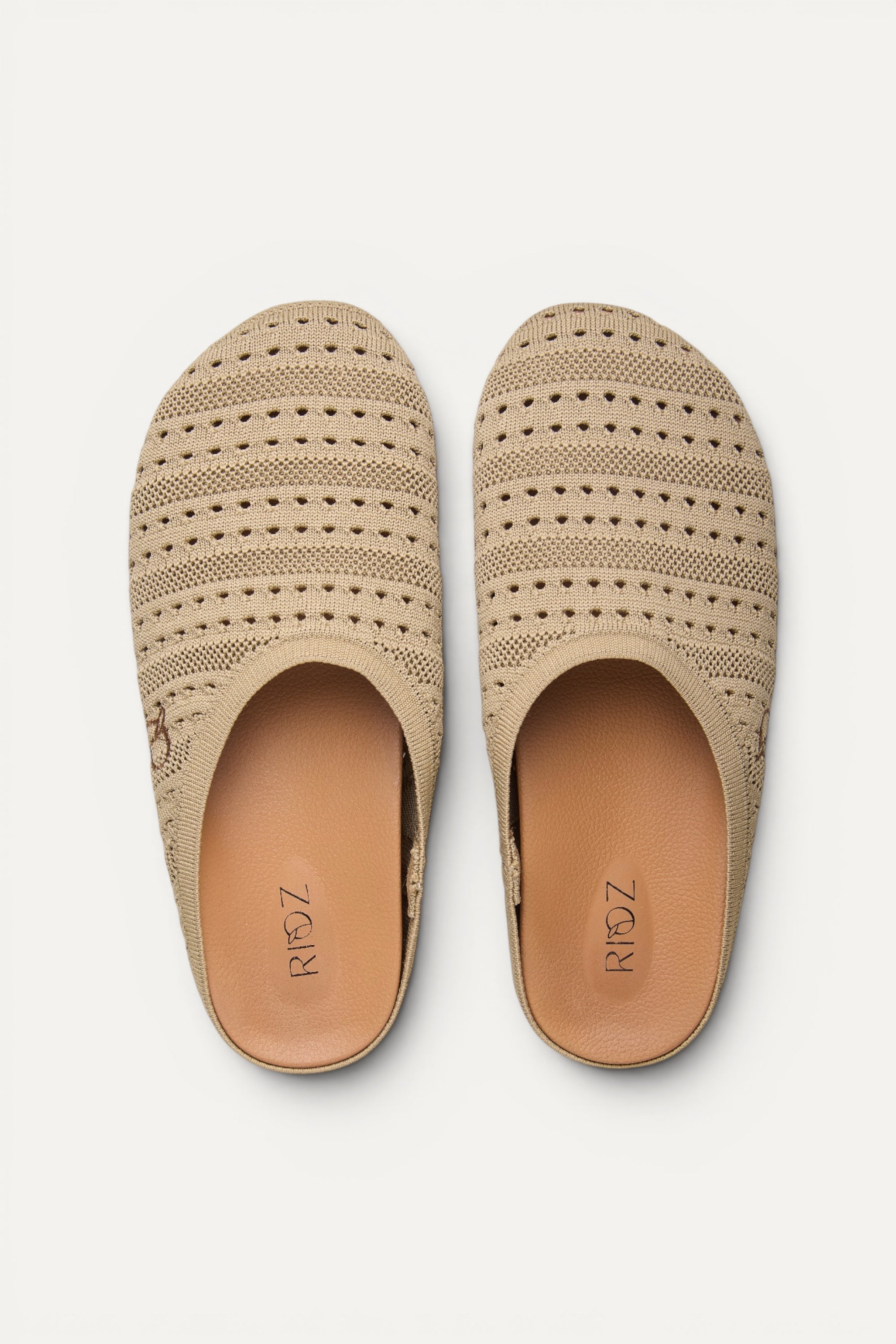 Rioz Lumi Mules in sand, vegan closed-toe knit clogs from 10 recycled PET bottles, made in India.