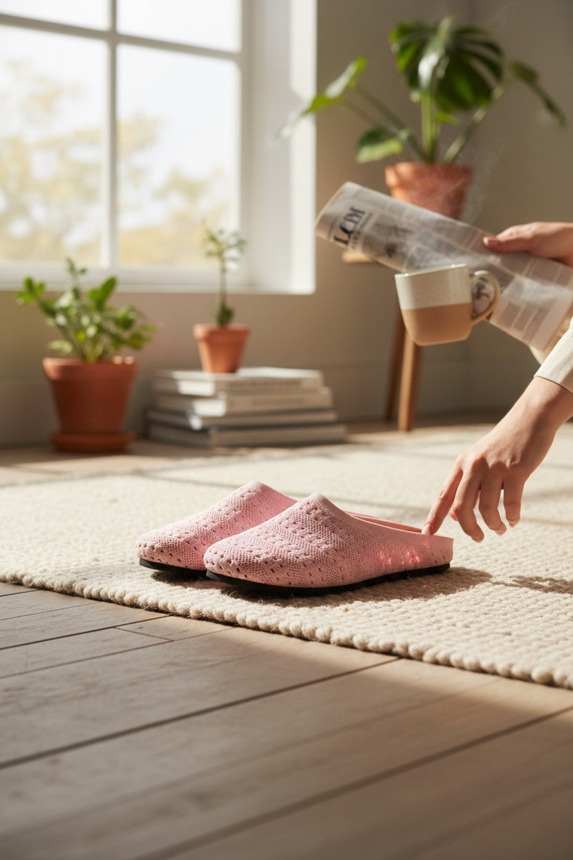 Pink Rioz Lumi Mules — vegan slip-on knit clogs for casual weekends and errands, machine washable.