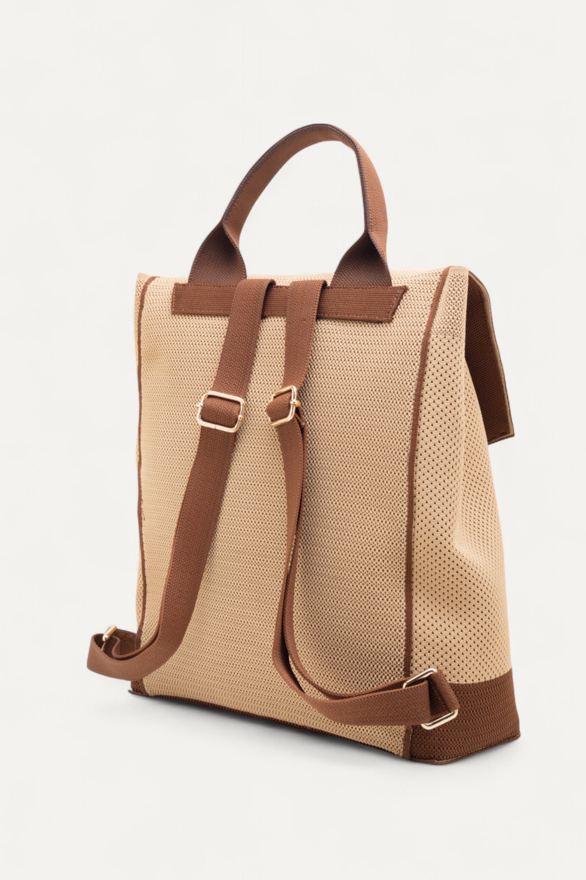 Back view of Rioz eco-friendly backpack with brown straps and handle, made from recycled PET bottles; spacious, lightweight and machine-washable.