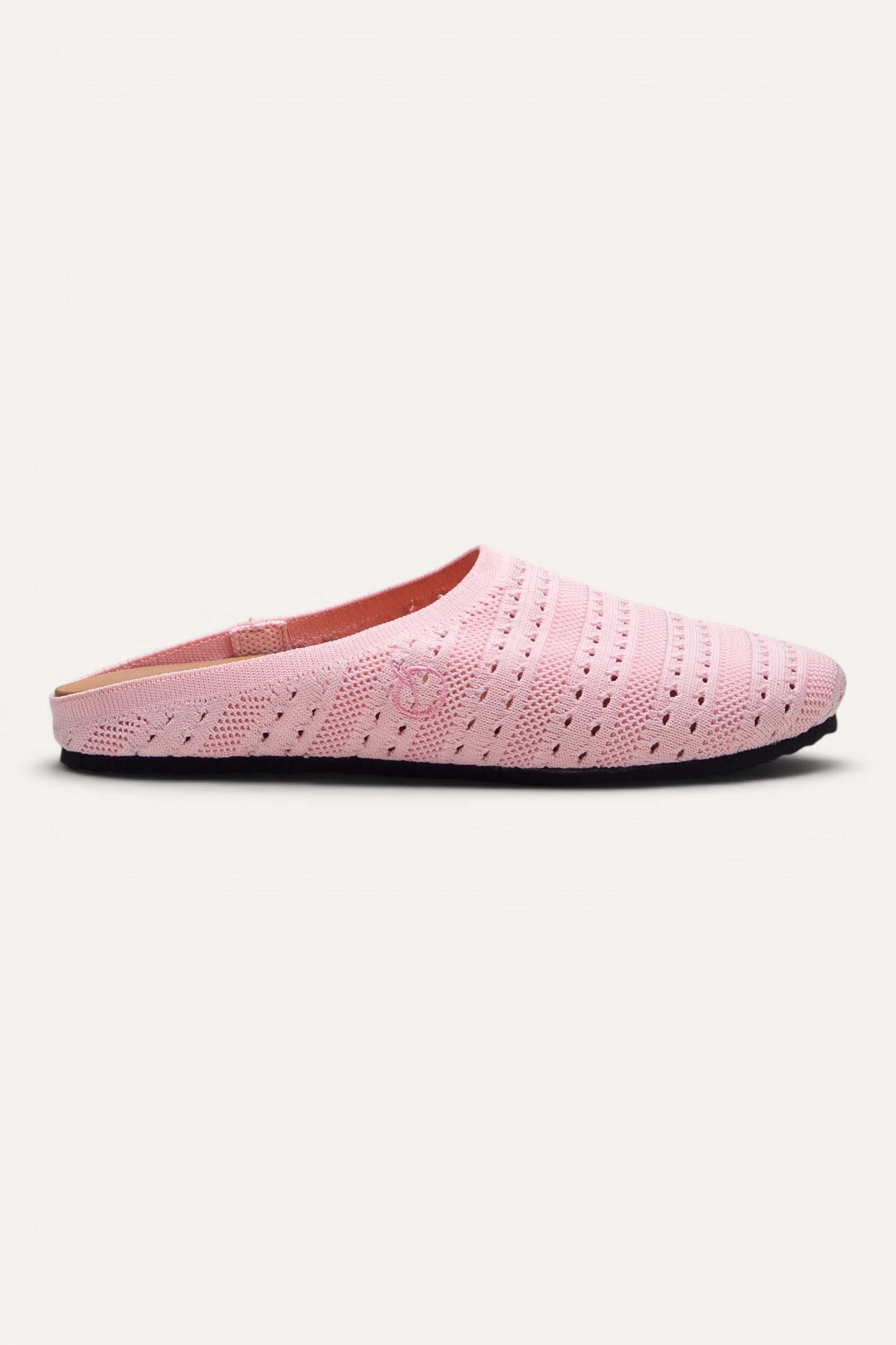 Top view of Rioz Lumi Mules (pink), lightweight 350g knit clogs made in India from rPET.