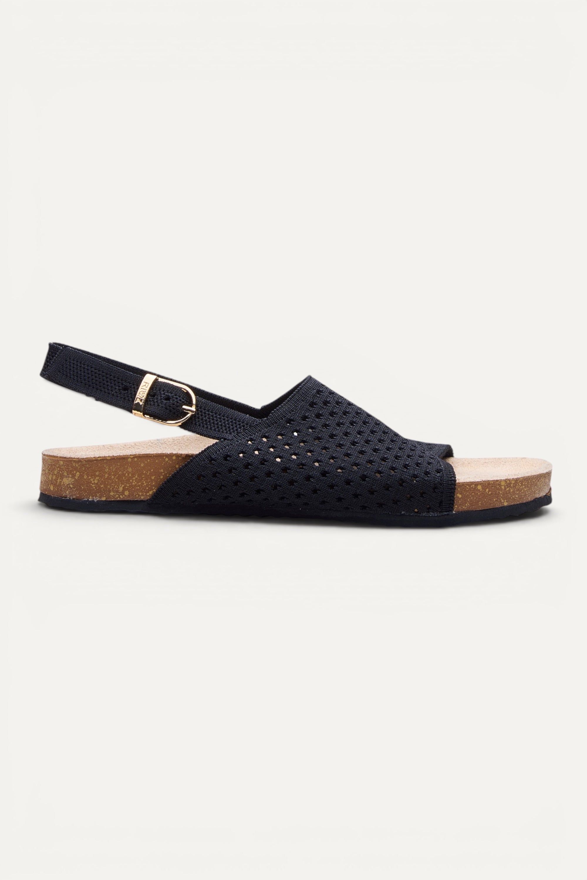 Top view of Rioz Mira Sandals (black), lightweight knit sandals made in India from rPET, 320g.