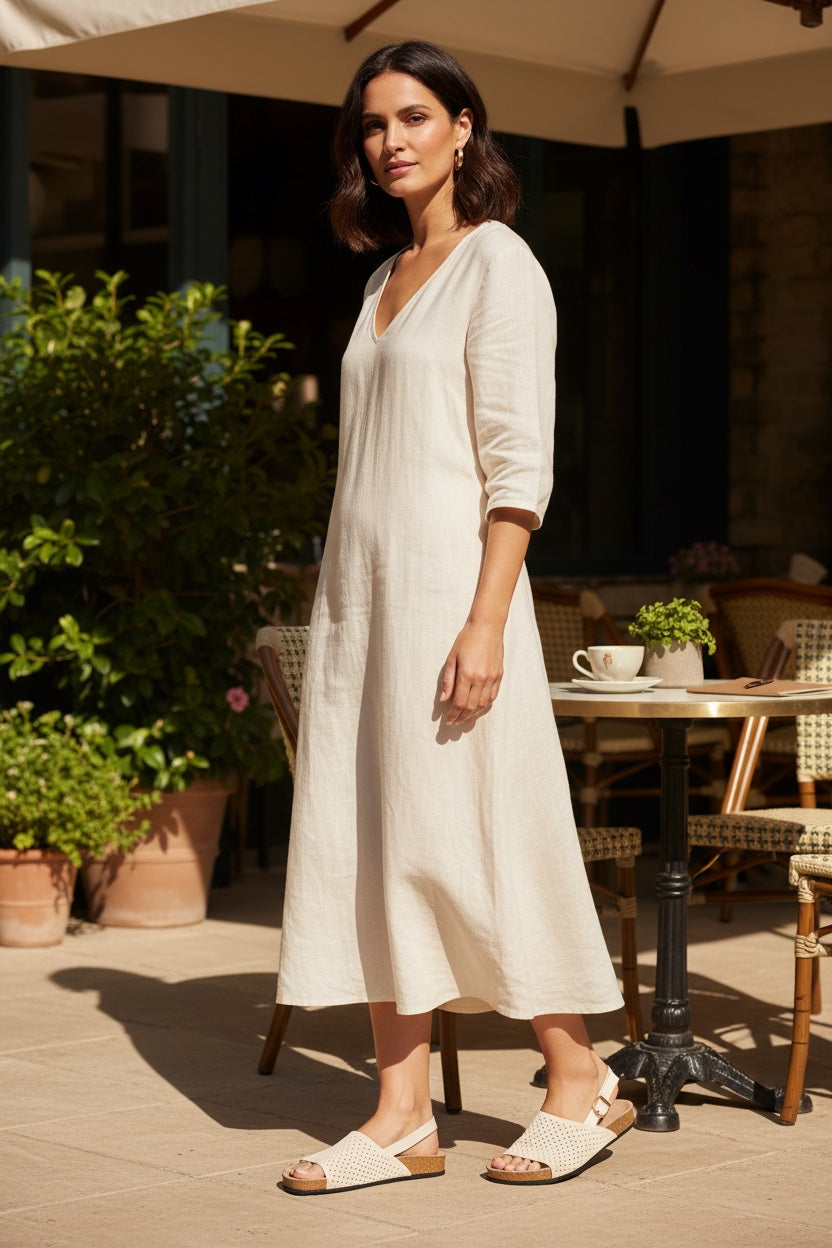 Side view of Rioz Ivory Mira Sandals, breathable knit slingback sandals with cushioned footbed.