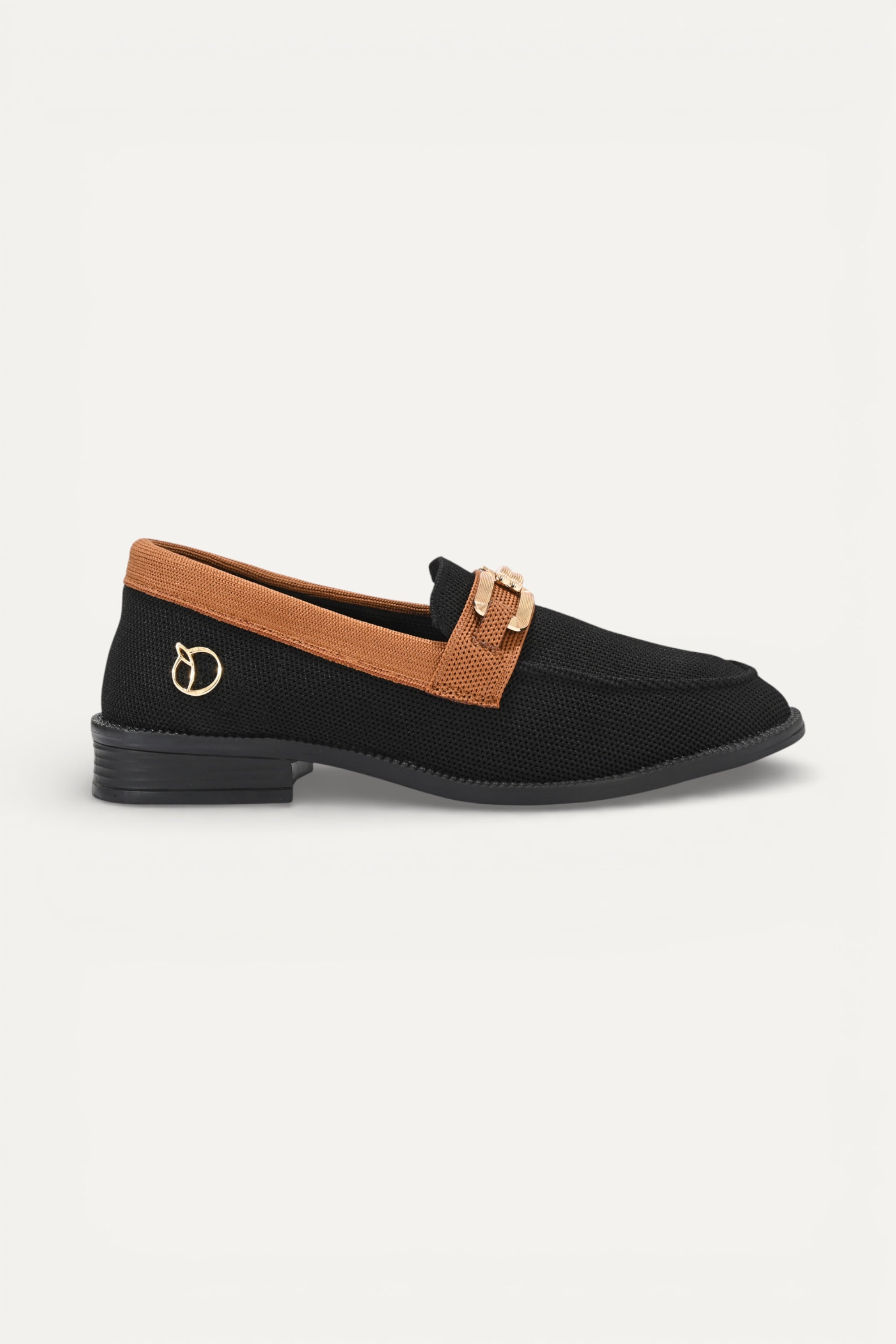 Rioz black knit slip-on loafers with brown trim and gold buckle detail, eco-friendly fabric and cushioned sole casual shoes