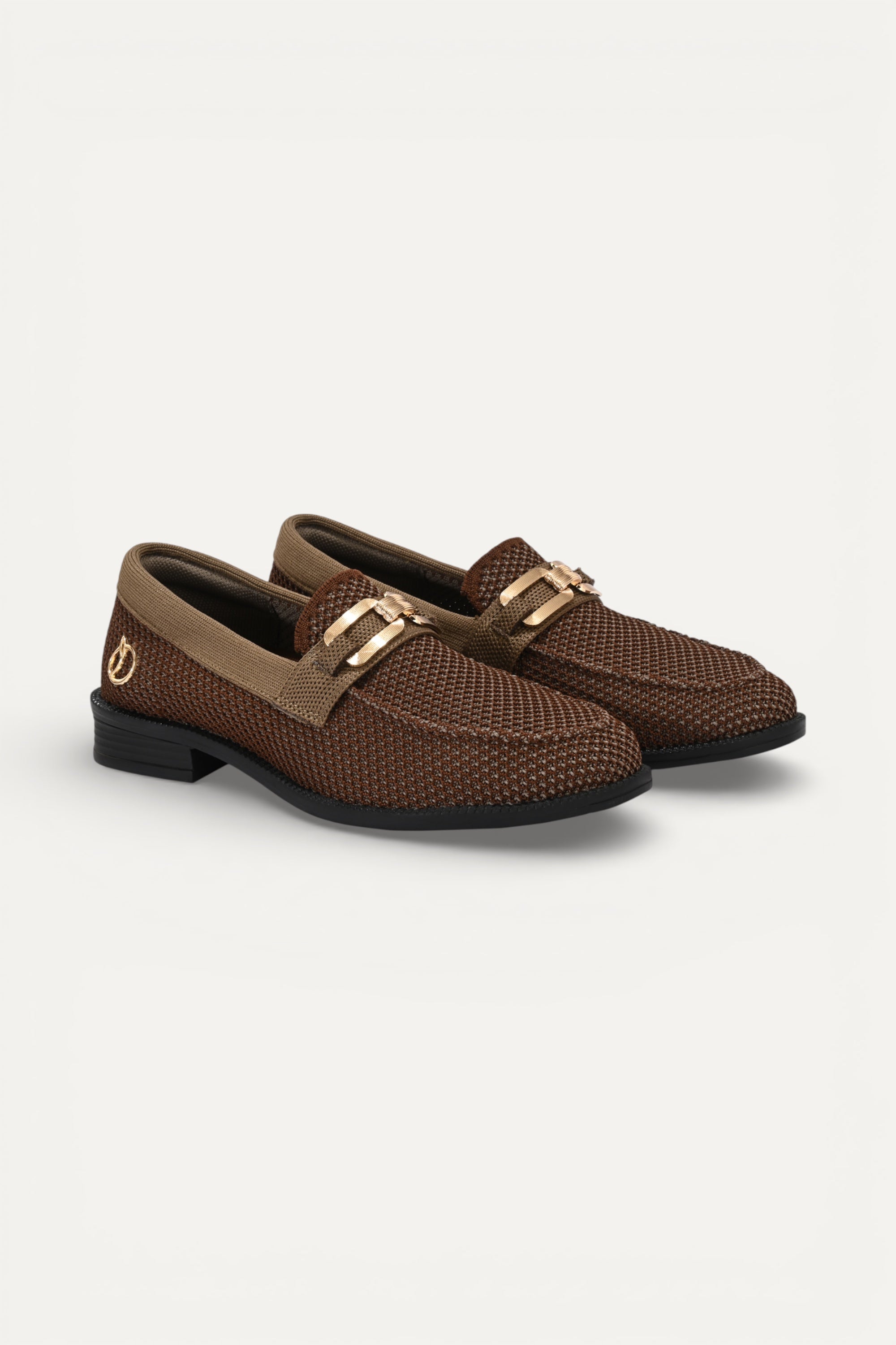Rioz Brown knit slip-on loafers with brown trim and gold buckle detail, eco-friendly fabric and cushioned sole casual shoes