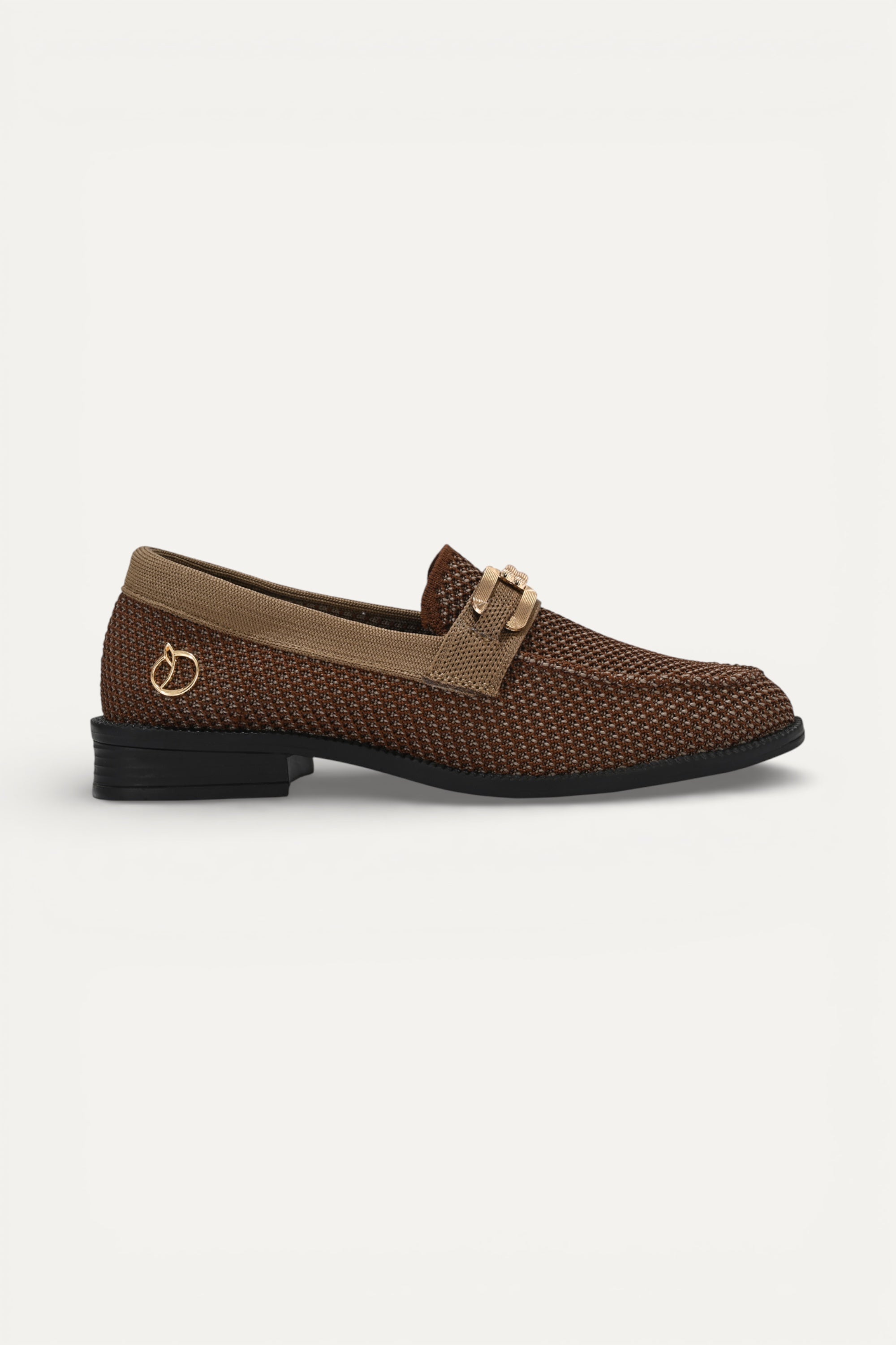 Rioz Brown knit slip-on loafers with brown trim and gold buckle detail, eco-friendly fabric and cushioned sole casual shoes