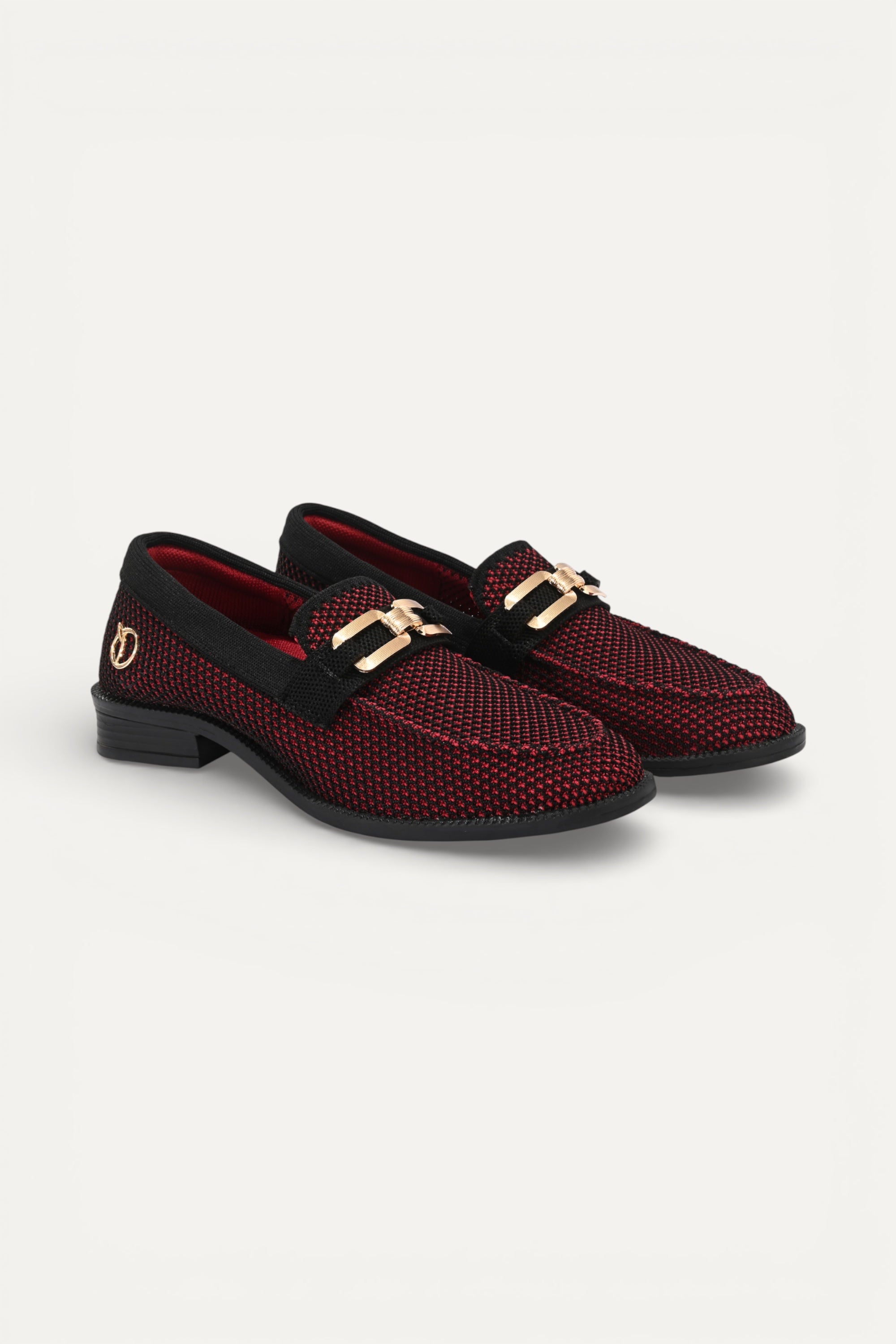 Rioz maroon knit slip-on loafers with black trim and gold buckle detail, eco-friendly fabric and cushioned sole casual shoes