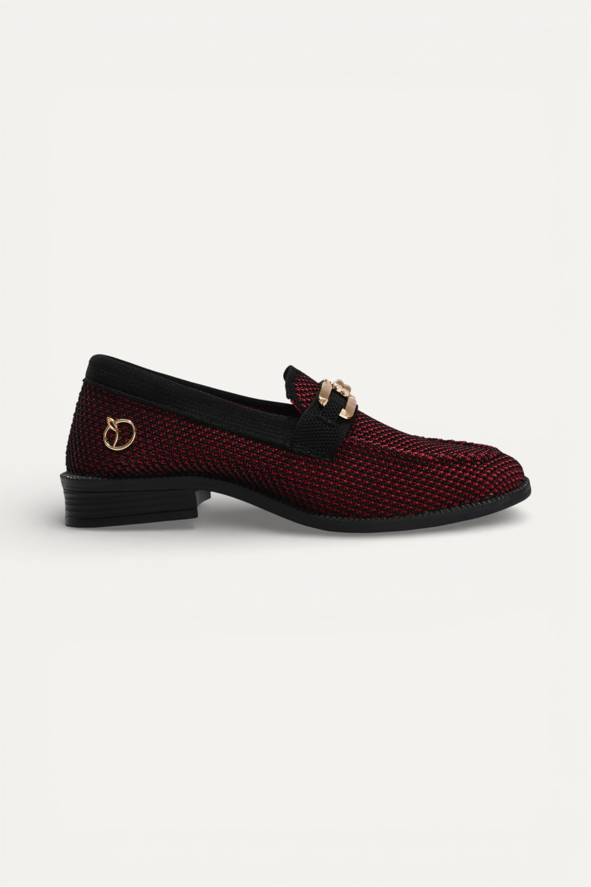 Rioz maroon knit slip-on loafers with black trim and gold buckle detail, eco-friendly fabric and cushioned sole casual shoes