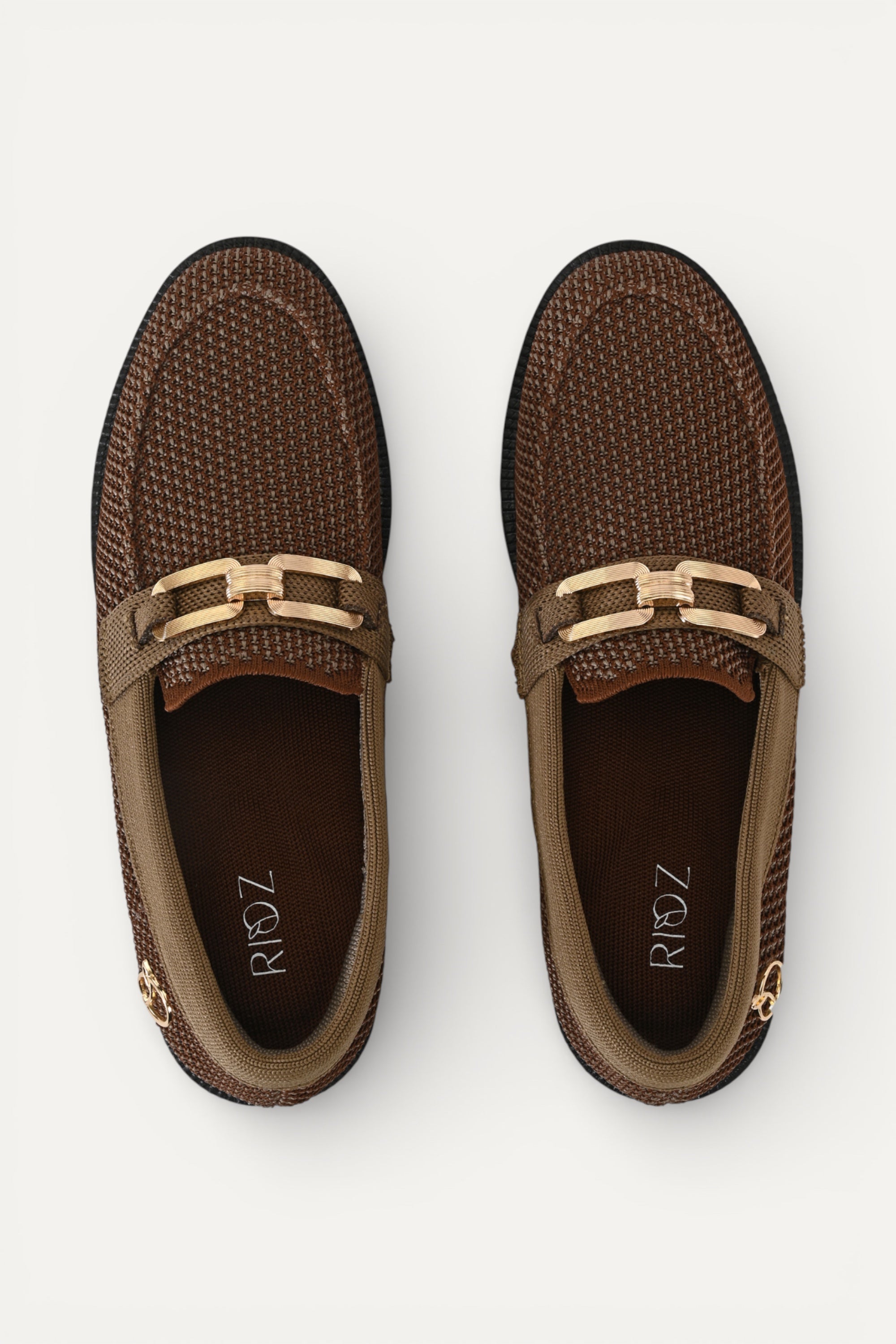 Rioz Brown knit slip-on loafers with brown trim and gold buckle detail, eco-friendly fabric and cushioned sole casual shoes