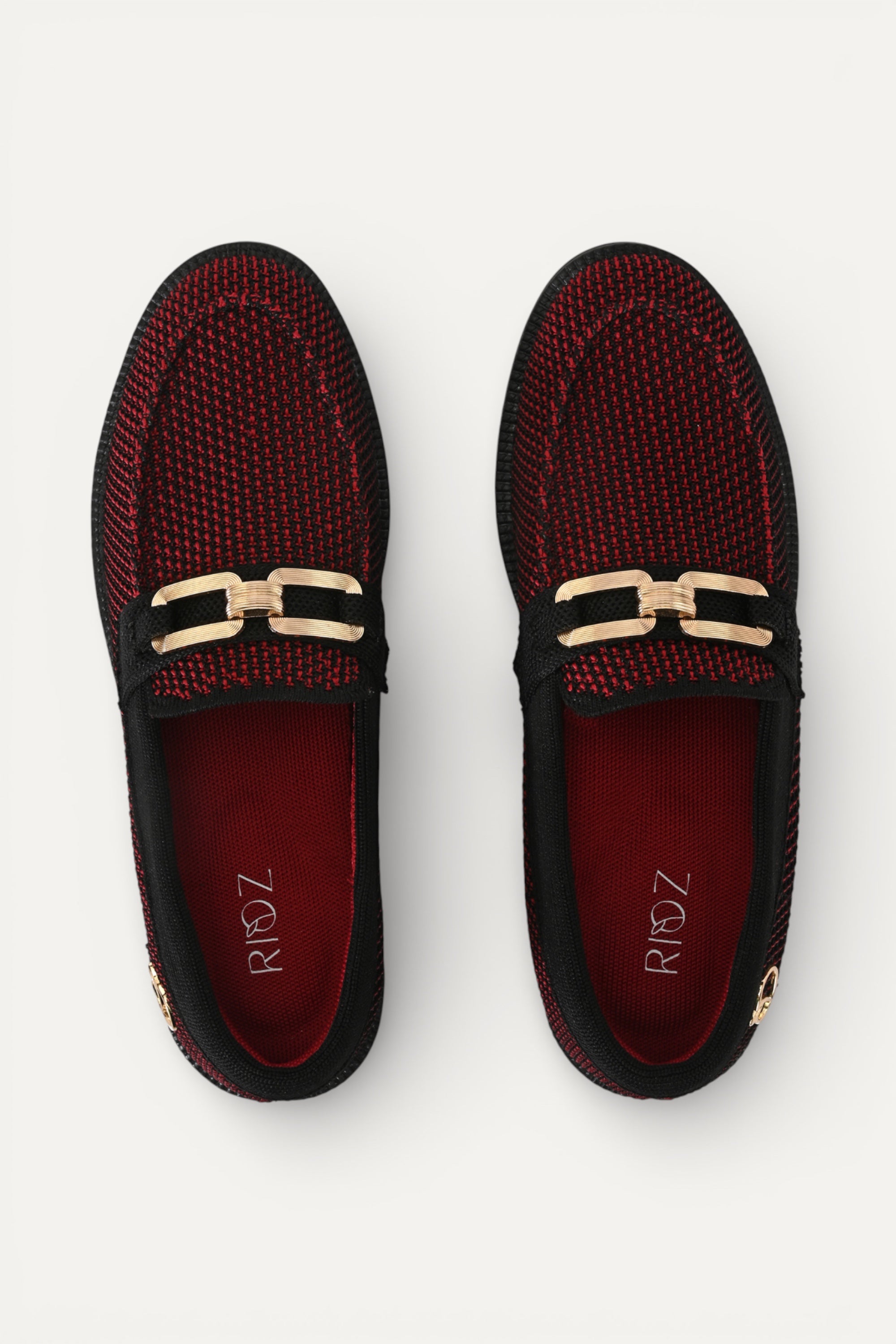 Rioz maroon knit slip-on loafers with black trim and gold buckle detail, eco-friendly fabric and cushioned sole casual shoes