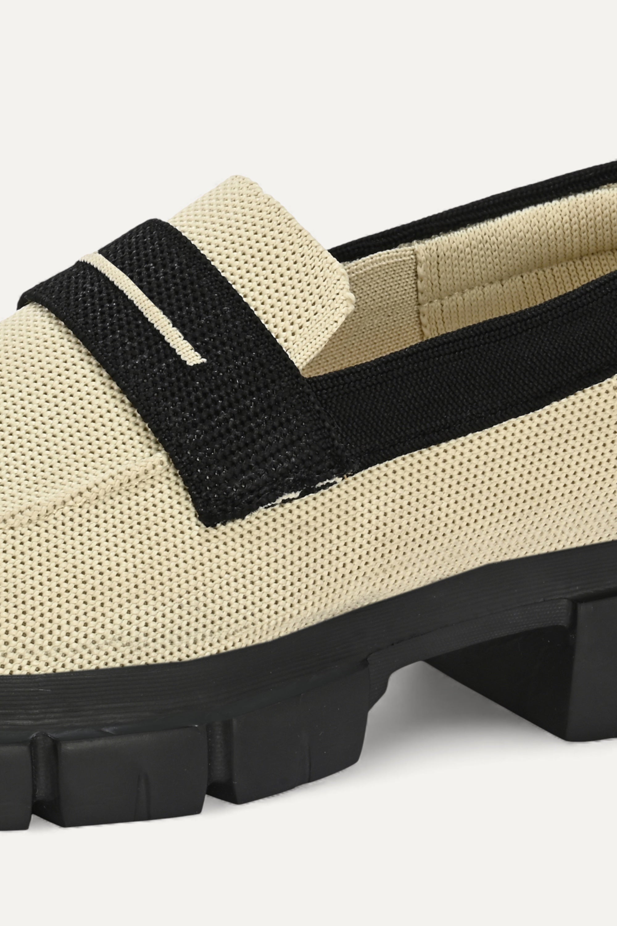 Rioz beige and brown slip-on loafers for women with eco-friendly breathable knit fabric and cushioned sole