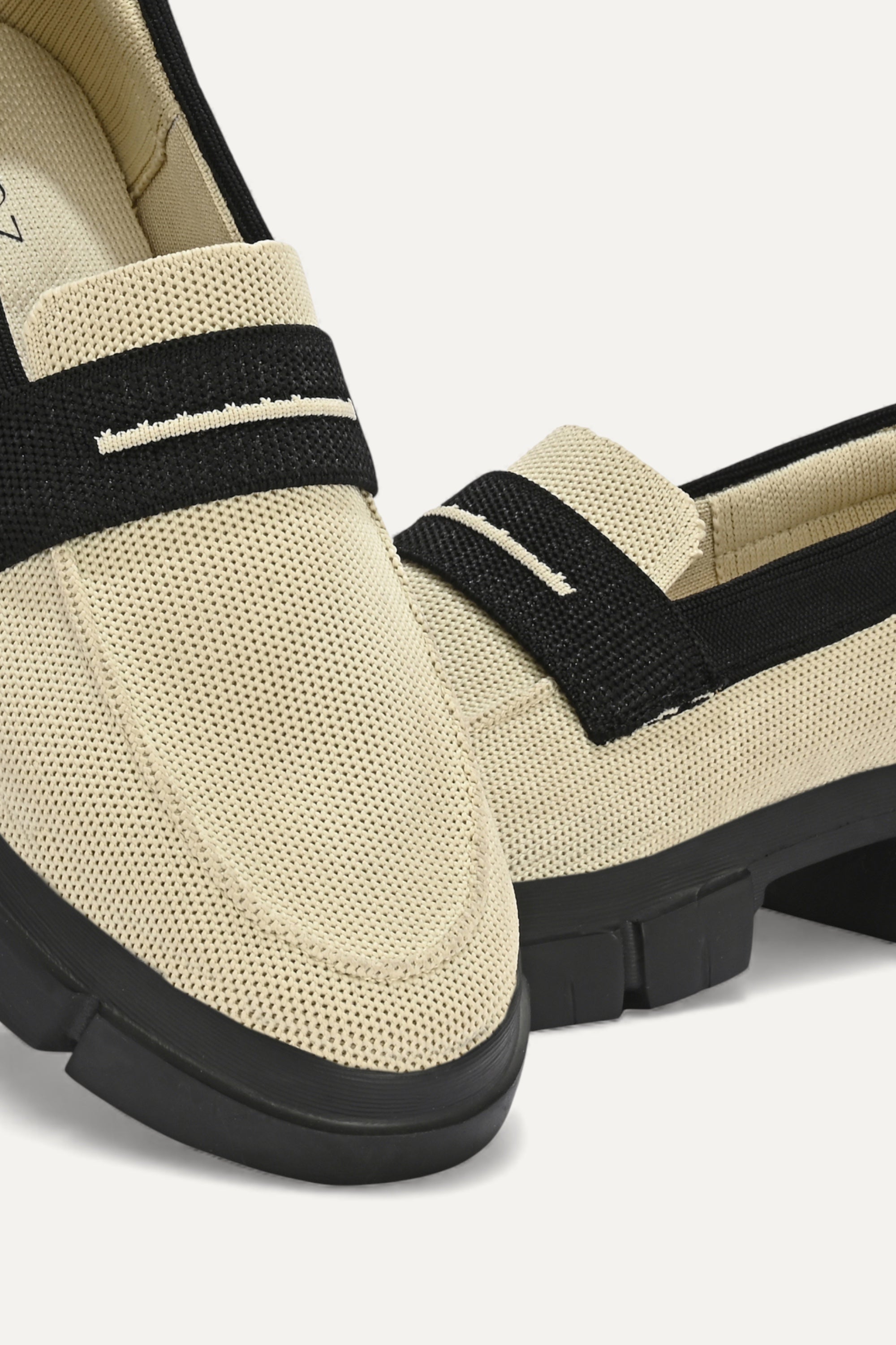 Rioz beige and brown slip-on loafers for women with eco-friendly breathable knit fabric and cushioned sole