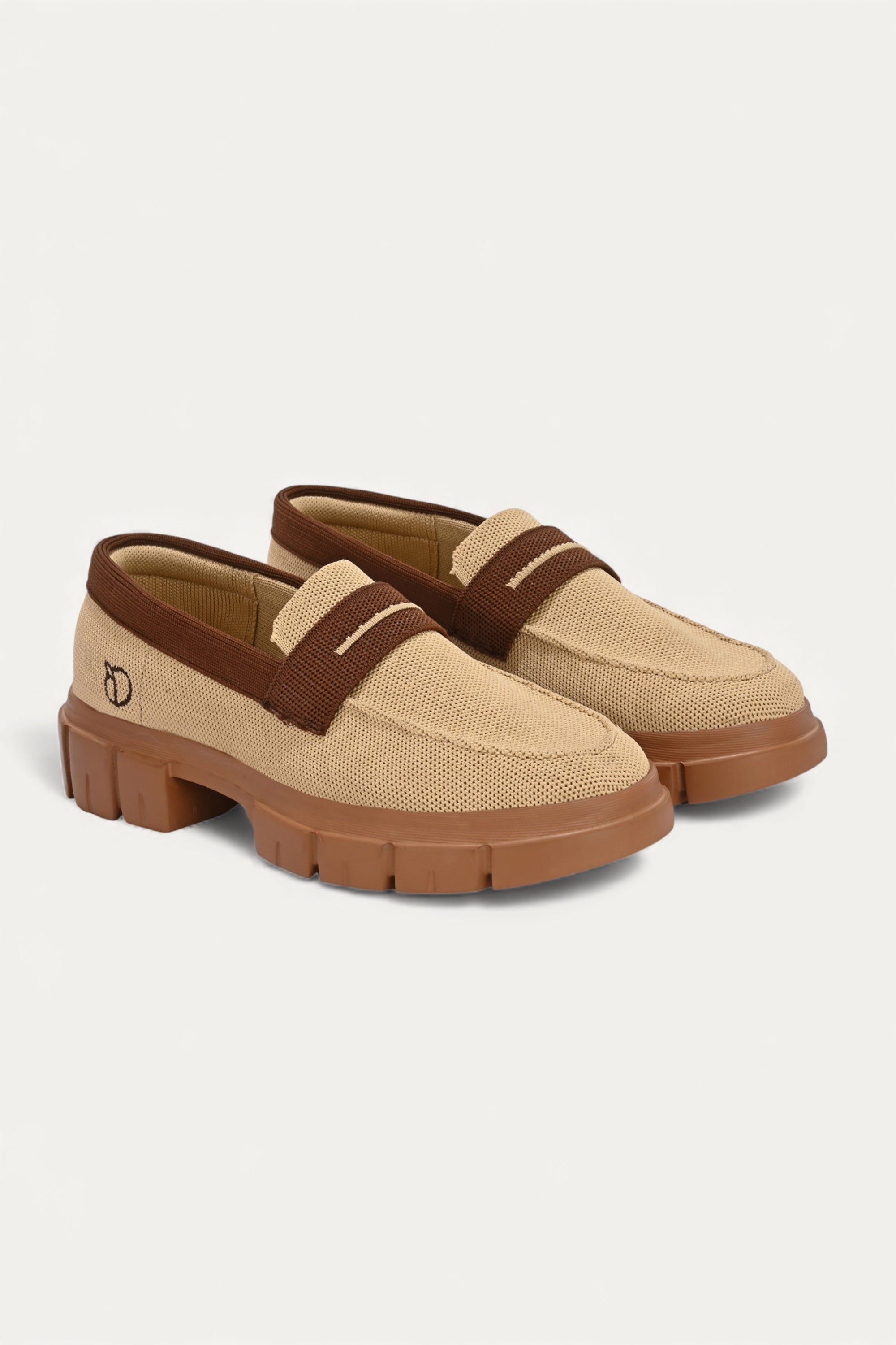Rioz beige and brown slip-on loafers for women with eco-friendly breathable knit fabric and cushioned sole