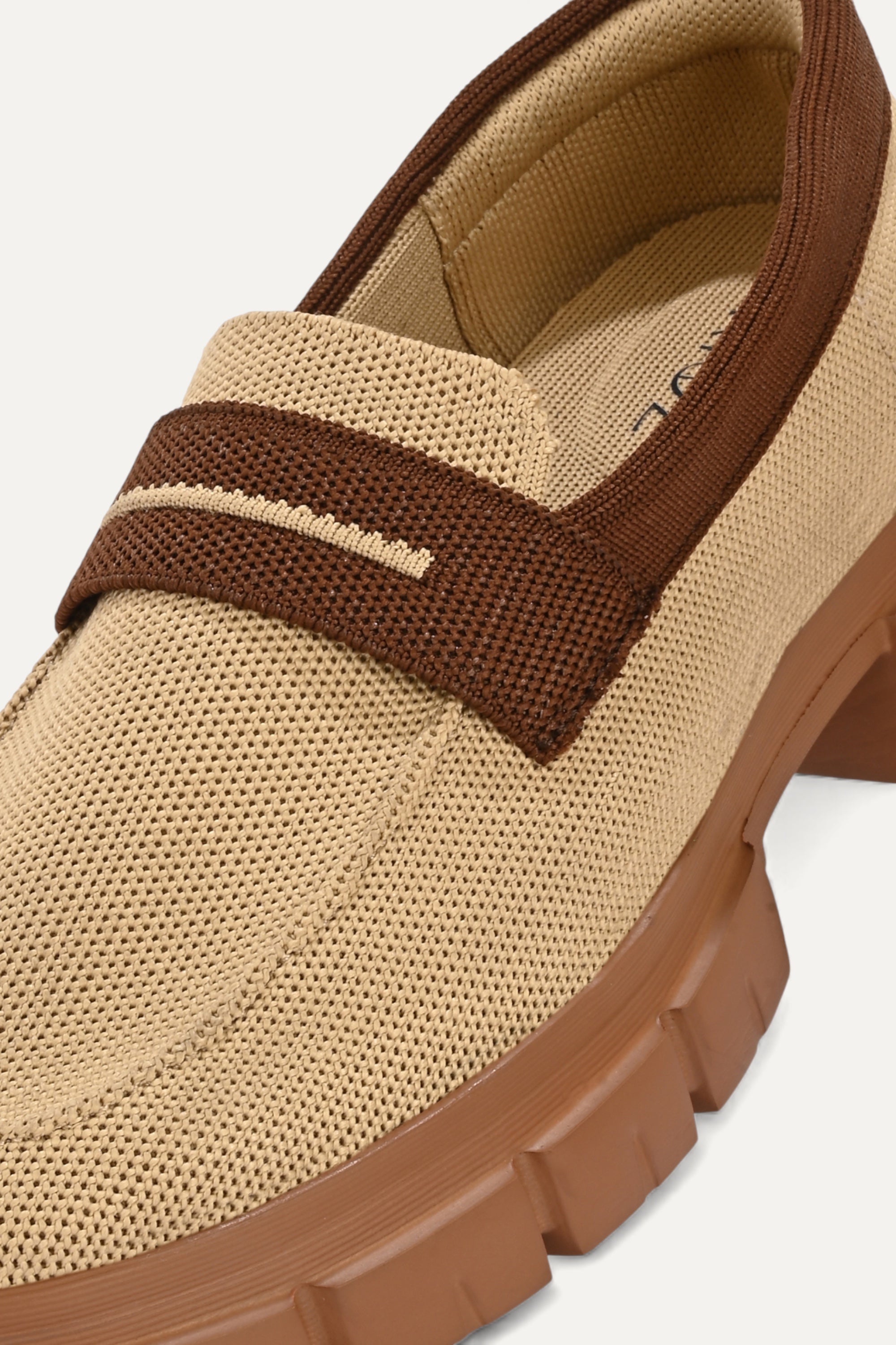 Rioz beige and brown slip-on loafers for women with eco-friendly breathable knit fabric and cushioned sole