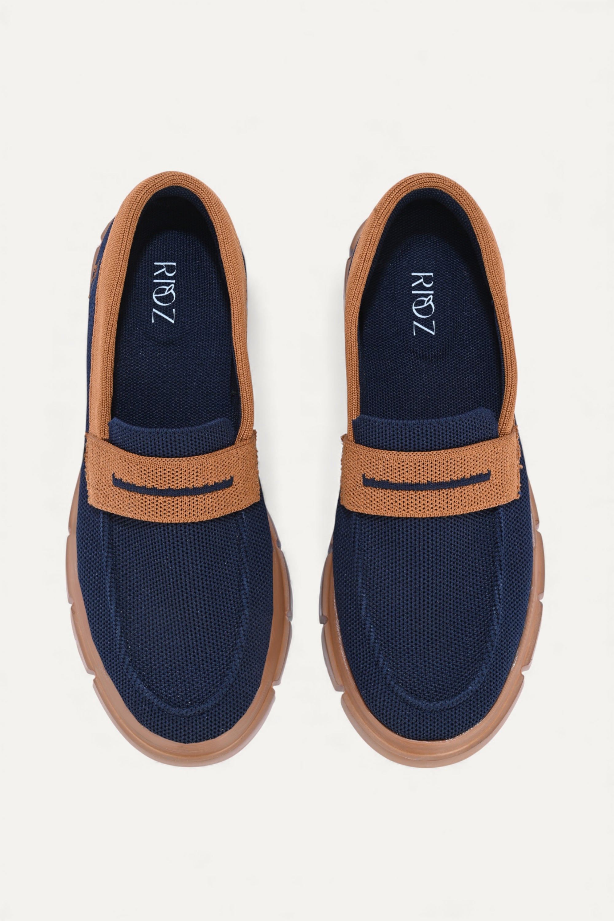 Rioz blue and brown slip-on loafers for women with eco-friendly breathable knit fabric and cushioned sole