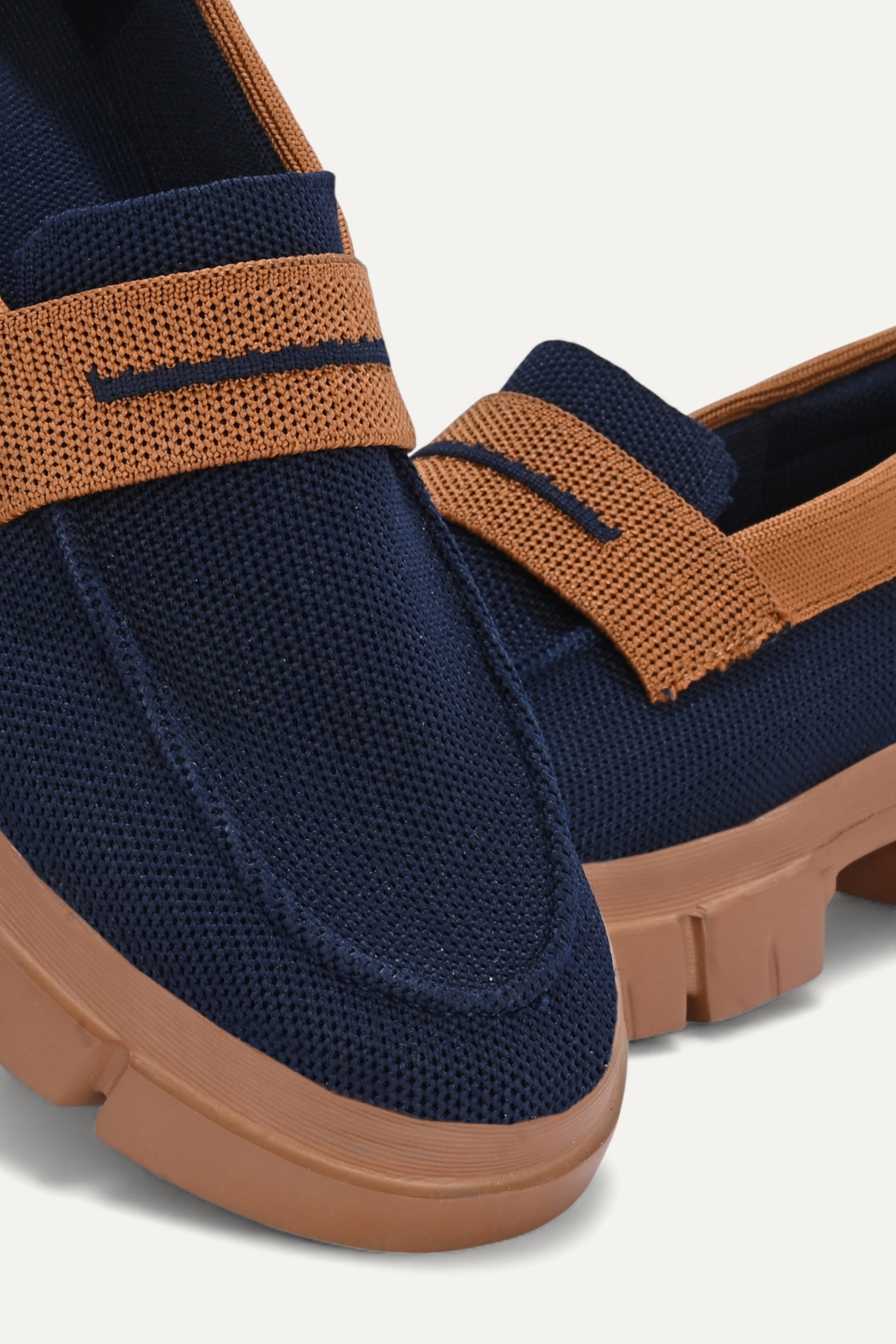 Rioz blue and brown slip-on loafers for women with eco-friendly breathable knit fabric and cushioned sole