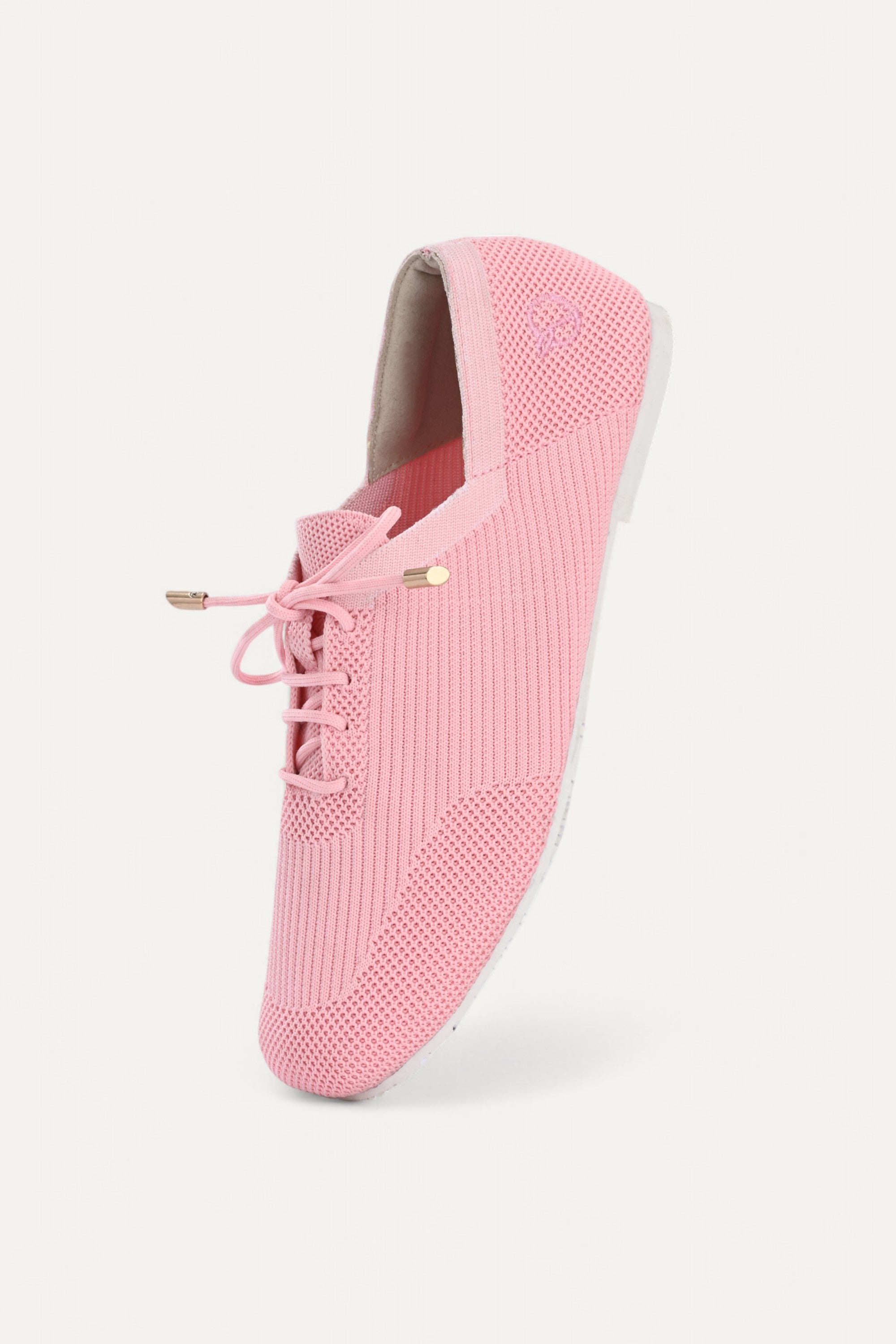 Rioz pink knit sneakers for women with breathable mesh design, lace-up closure, and white sole
