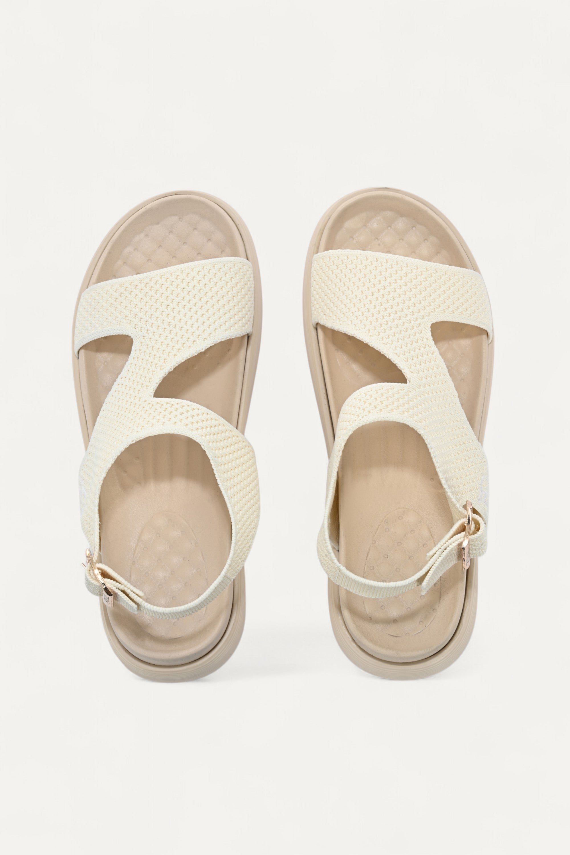 Rioz cream casual sandals for women with breathable knit straps and cushioned sole eco-friendly fabric and cushioned sole