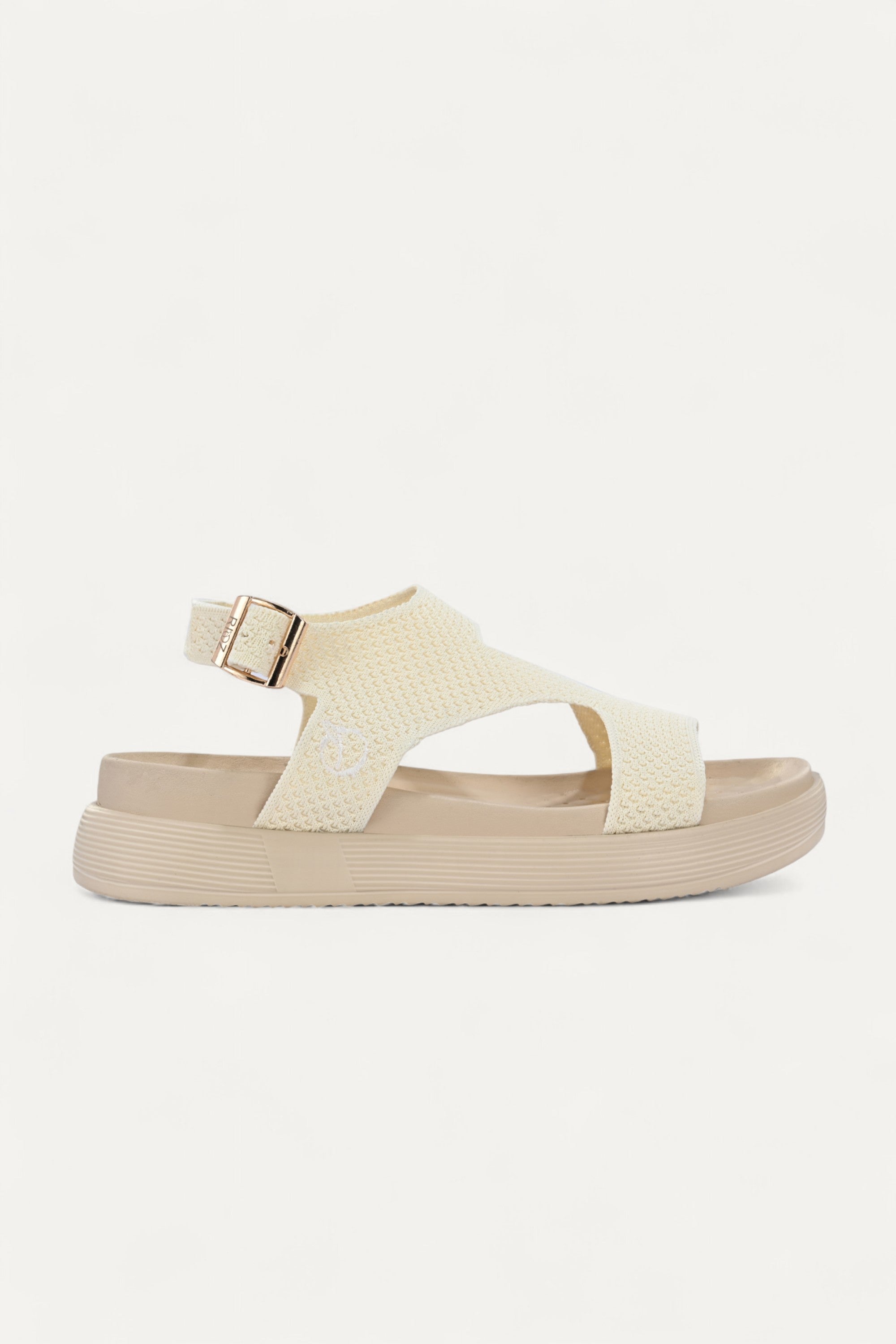 Rioz cream casual sandals for women with breathable knit straps and cushioned sole eco-friendly fabric and cushioned sole