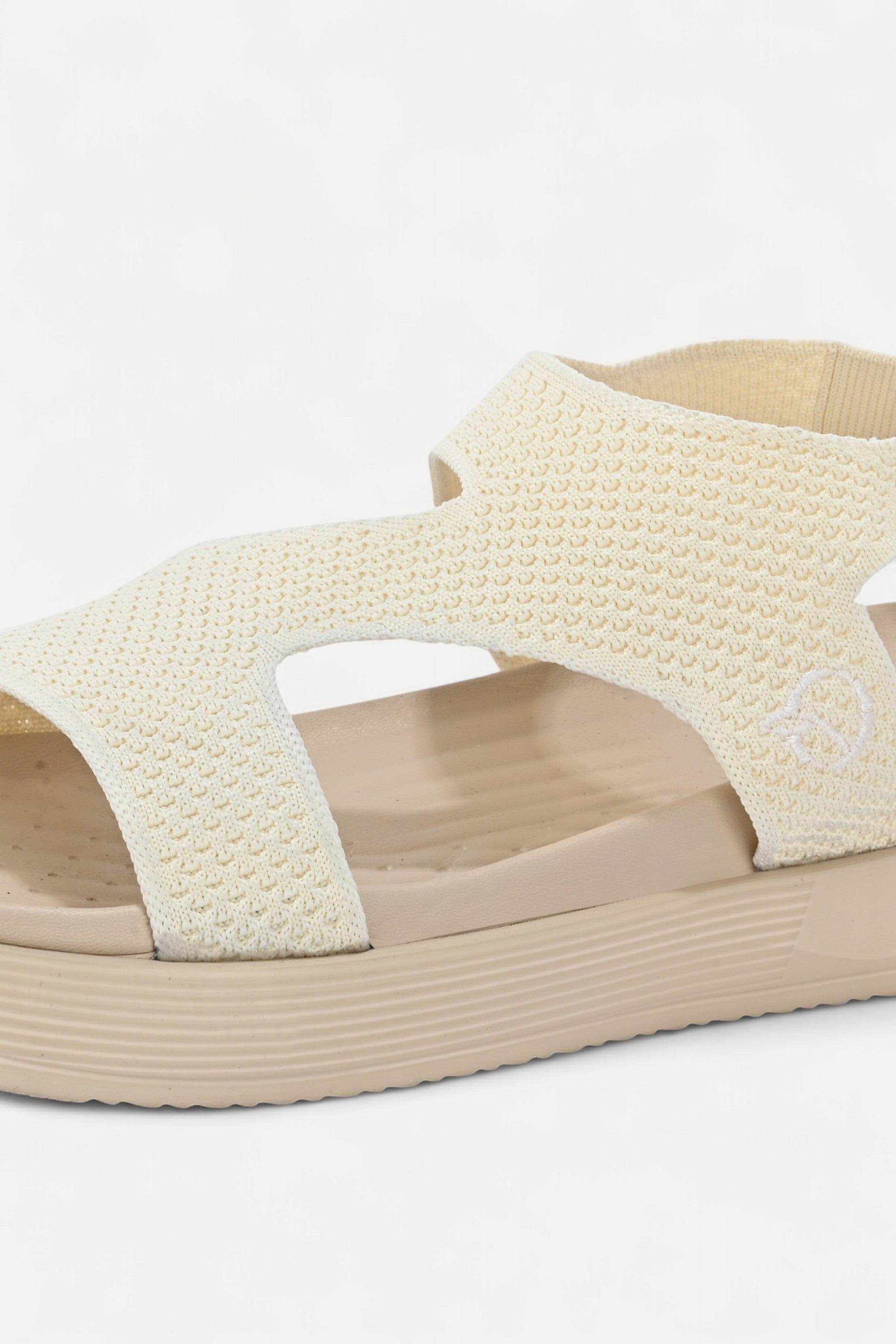 Rioz cream casual sandals for women with breathable knit straps and cushioned sole eco-friendly fabric and cushioned sole