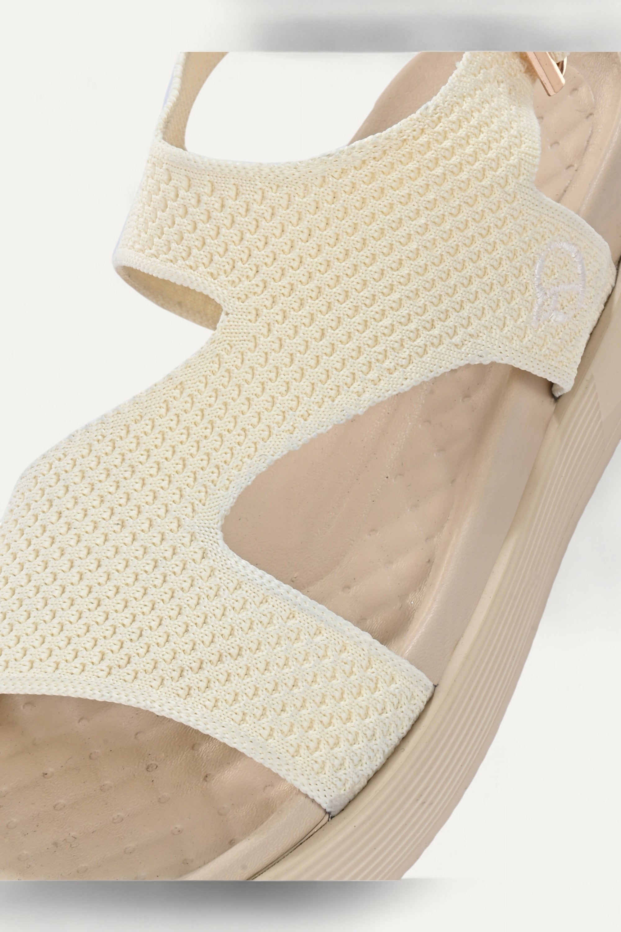 Rioz cream casual sandals for women with breathable knit straps and cushioned sole eco-friendly fabric and cushioned sole