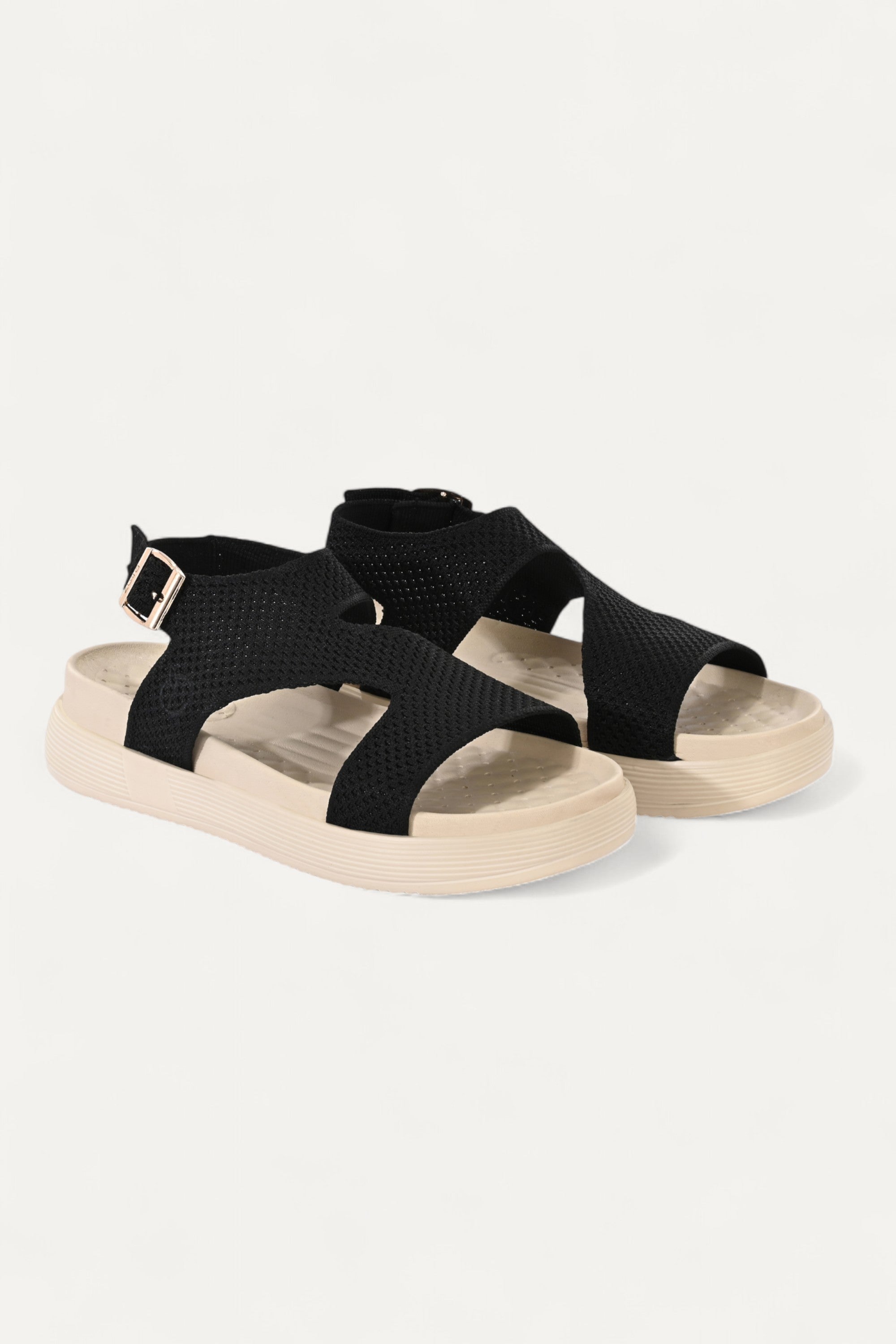 Rioz black casual sandals for women with breathable knit straps and cushioned sole eco-friendly fabric and cushioned sole