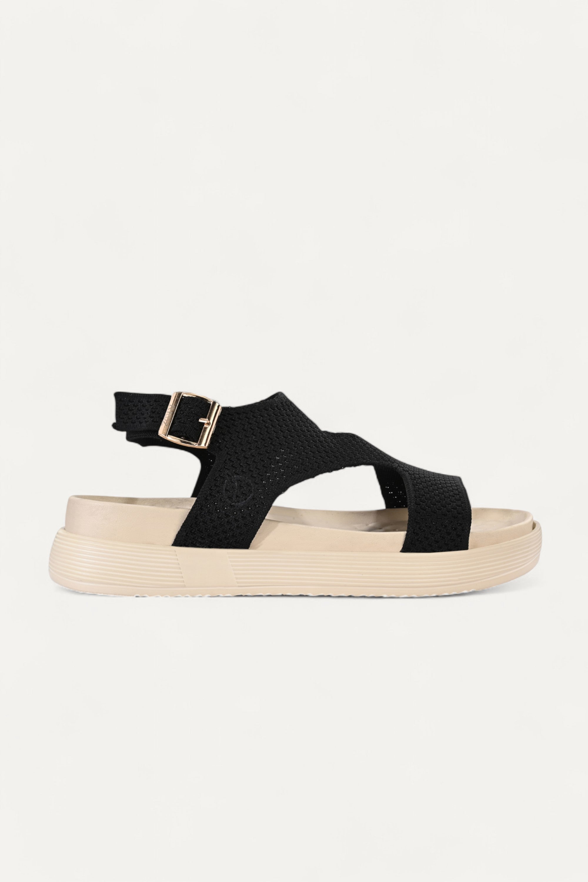 Rioz black casual sandals for women with breathable knit straps and cushioned sole eco-friendly fabric and cushioned sole