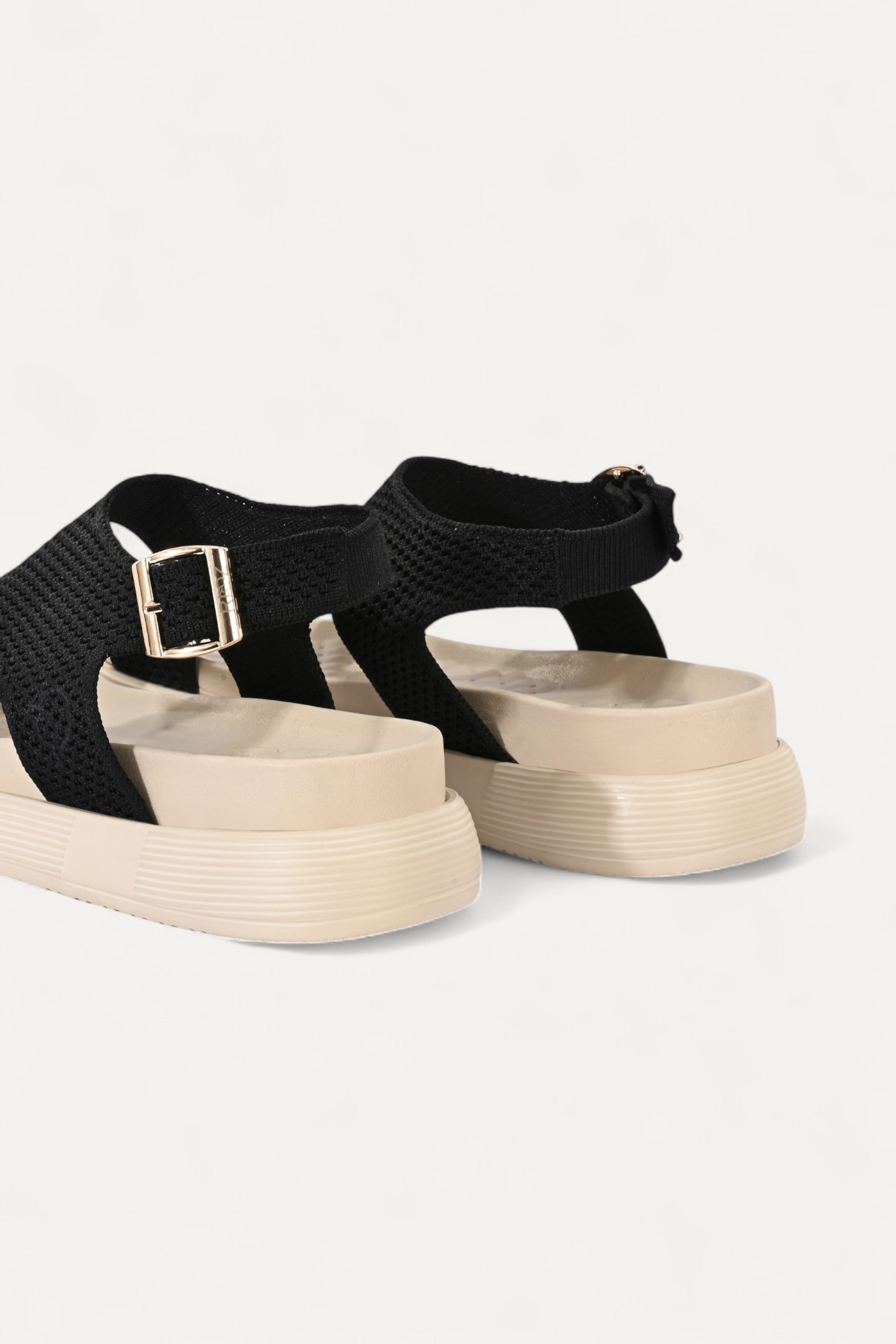 Rioz black casual sandals for women with breathable knit straps and cushioned sole eco-friendly fabric and cushioned sole