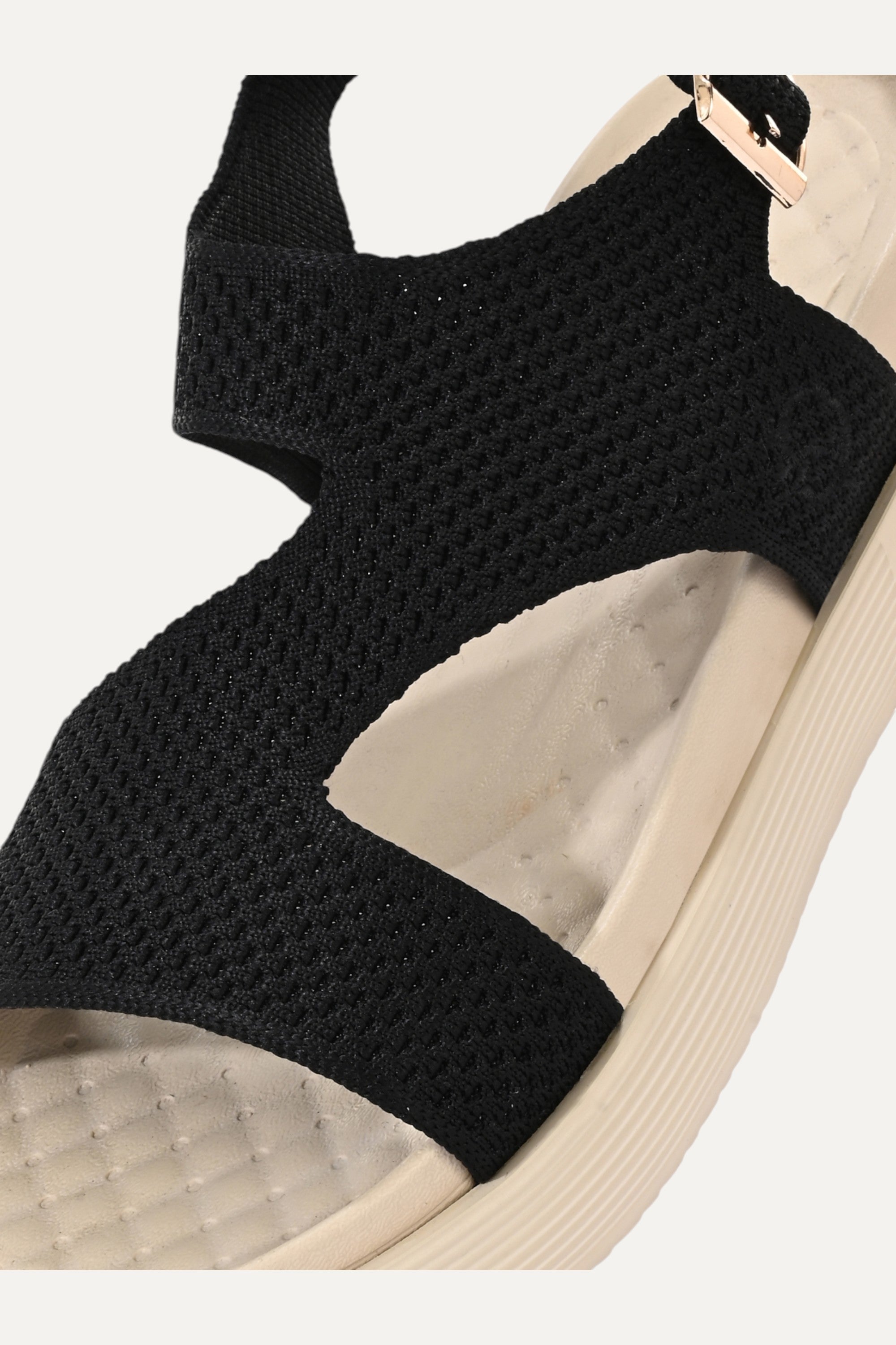 Rioz black casual sandals for women with breathable knit straps and cushioned sole eco-friendly fabric and cushioned sole