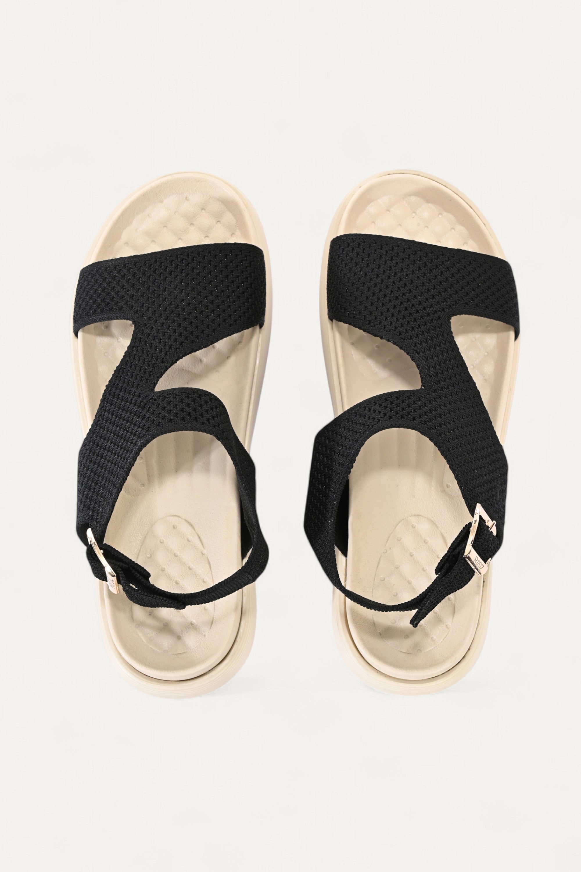 Rioz black casual sandals for women with breathable knit straps and cushioned sole eco-friendly fabric and cushioned sole