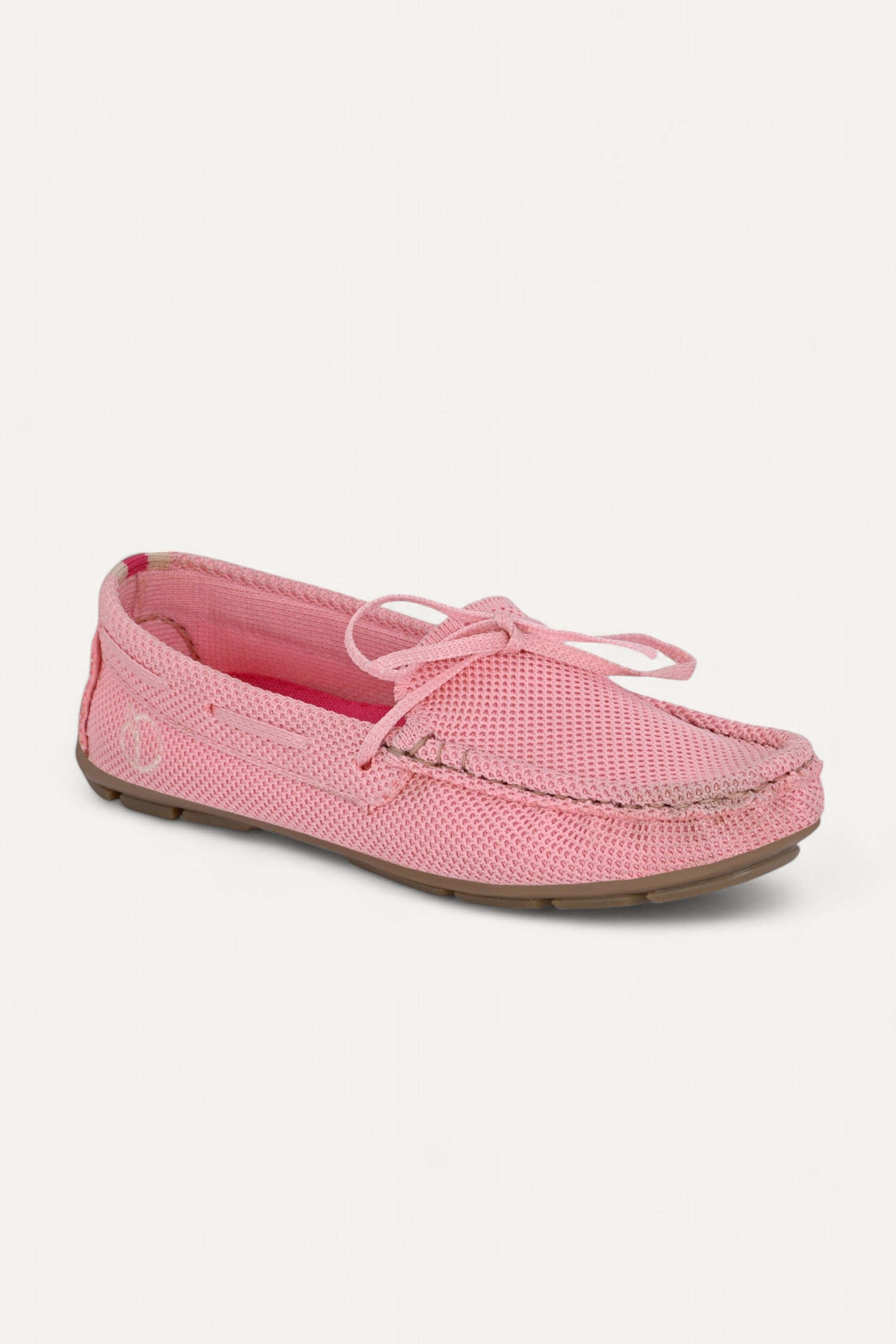 Rioz pink knit loafers for women with breathable mesh design, lace-up closure, and eco-friendly fabric and cushioned sole