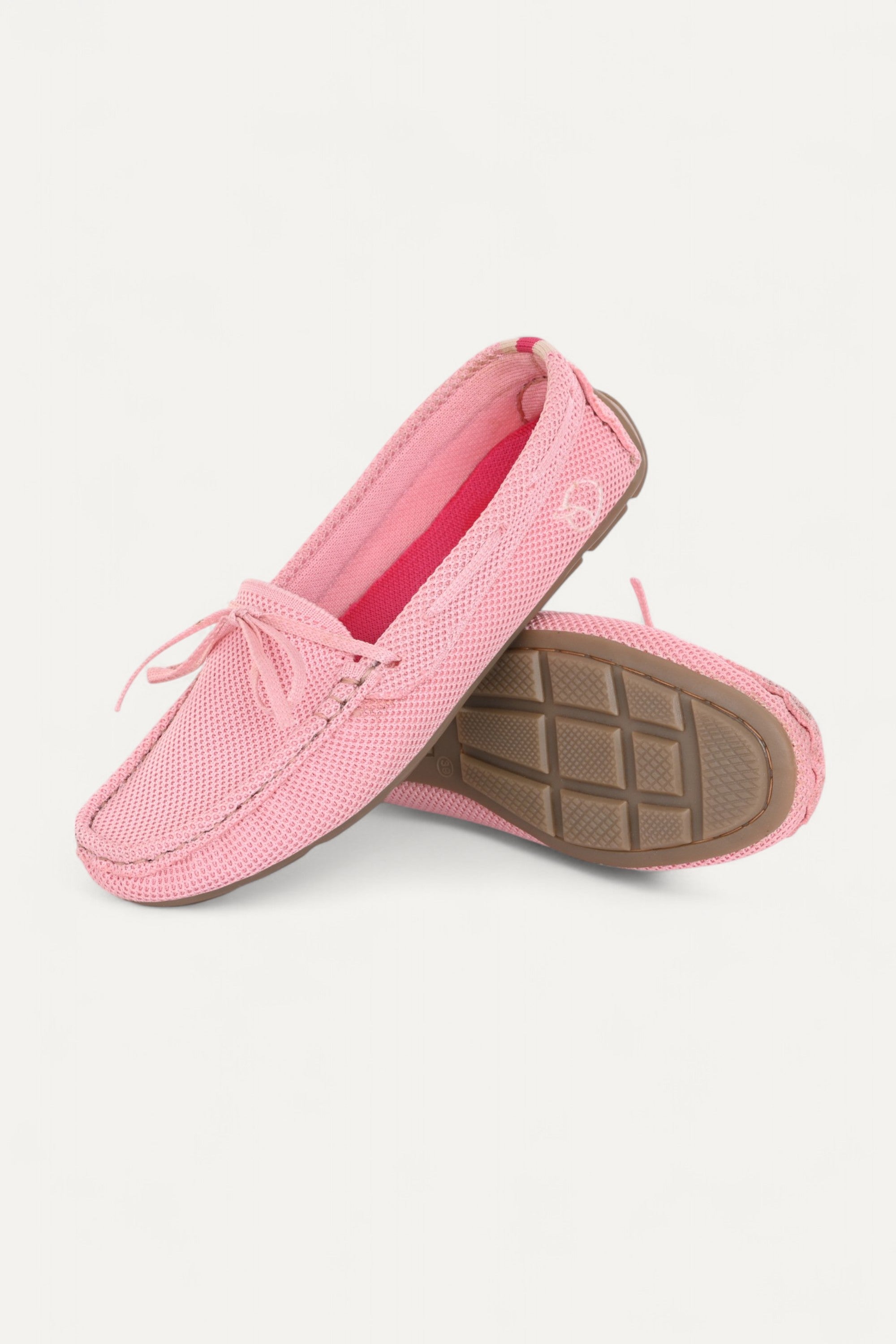 Rioz pink knit loafers for women with breathable mesh design, lace-up closure, and eco-friendly fabric and cushioned sole