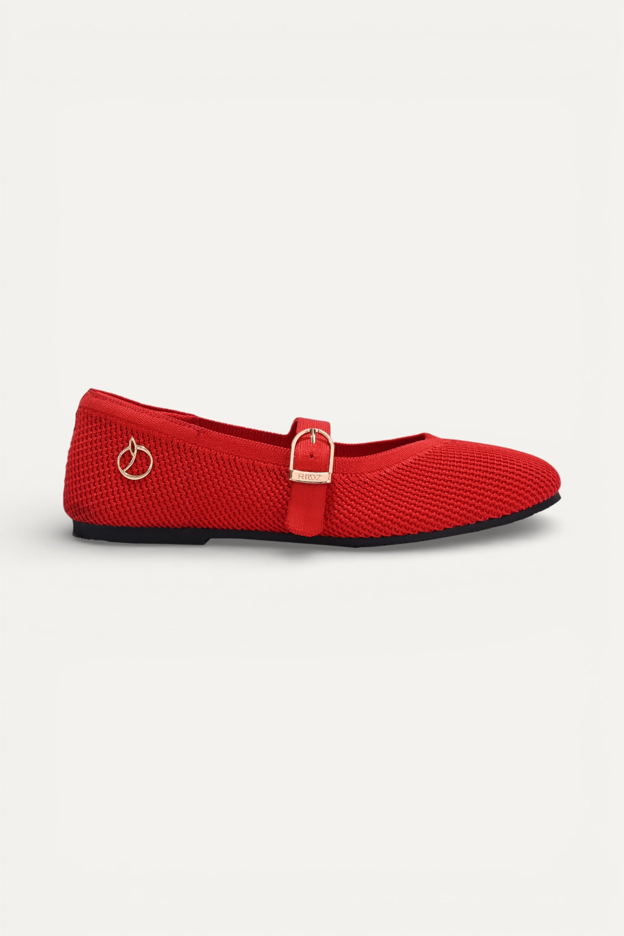 Rioz Red textured knit Mary Jane flats for women with gold buckle strap , eco-friendly fabric and cushioned sole
