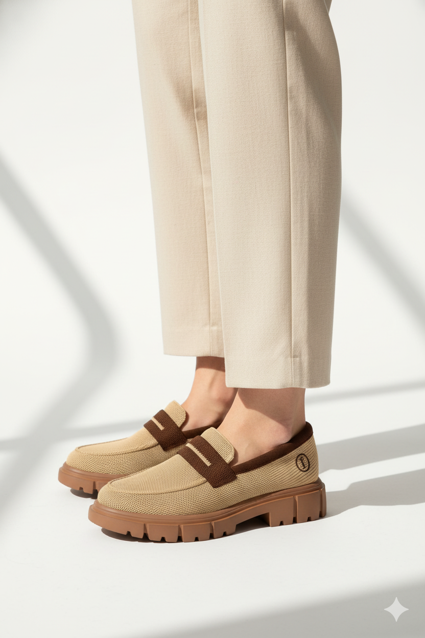 Rioz beige and brown slip-on loafers for women with eco-friendly breathable knit fabric and cushioned sole