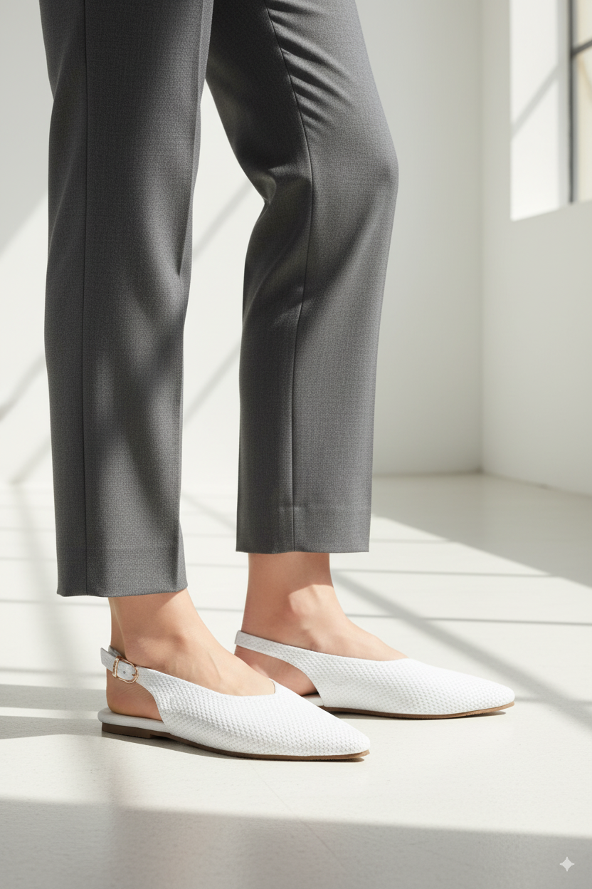 Rioz beige pointed-toe ballet flats for women with breathable knit fabric, eco-friendly fabric and cushioned sole