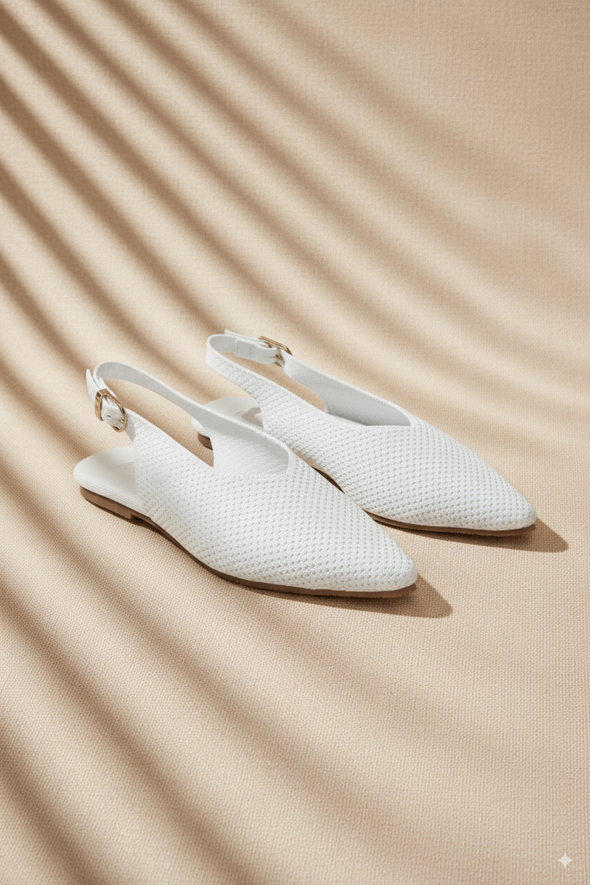 Rioz beige pointed-toe ballet flats for women with breathable knit fabric, eco-friendly fabric and cushioned sole