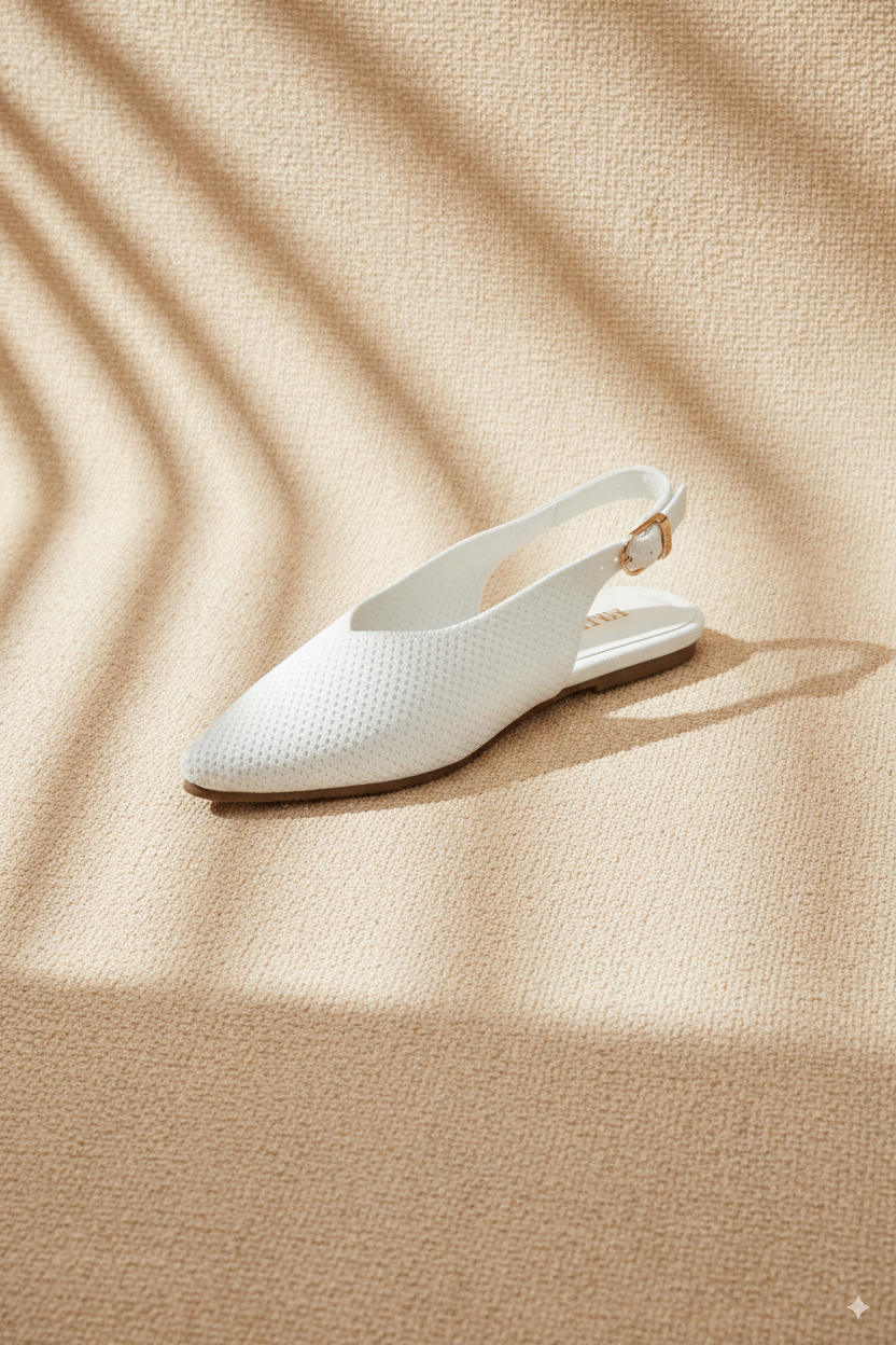 Rioz beige pointed-toe ballet flats for women with breathable knit fabric, eco-friendly fabric and cushioned sole