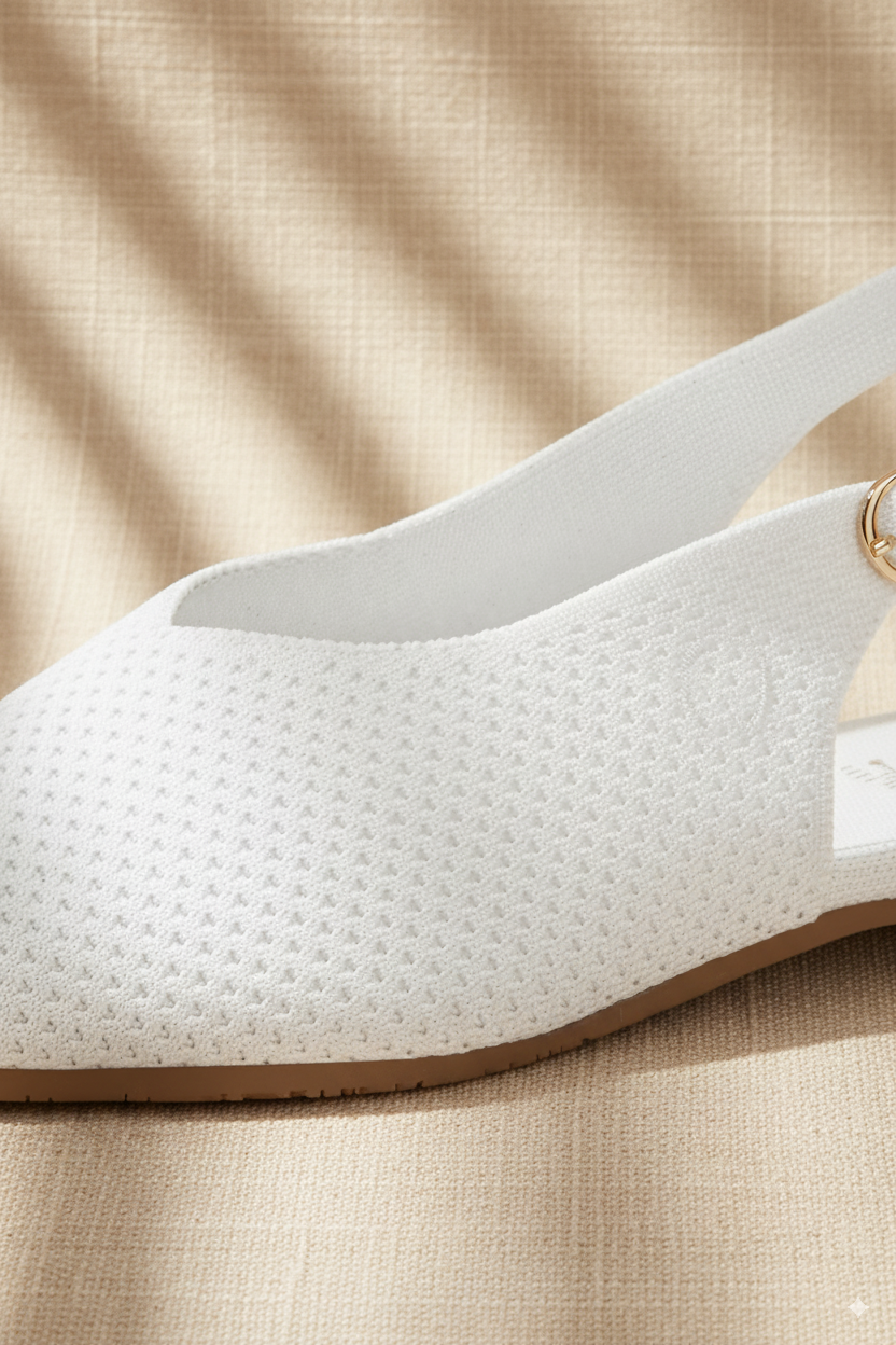 Rioz beige pointed-toe ballet flats for women with breathable knit fabric, eco-friendly fabric and cushioned sole