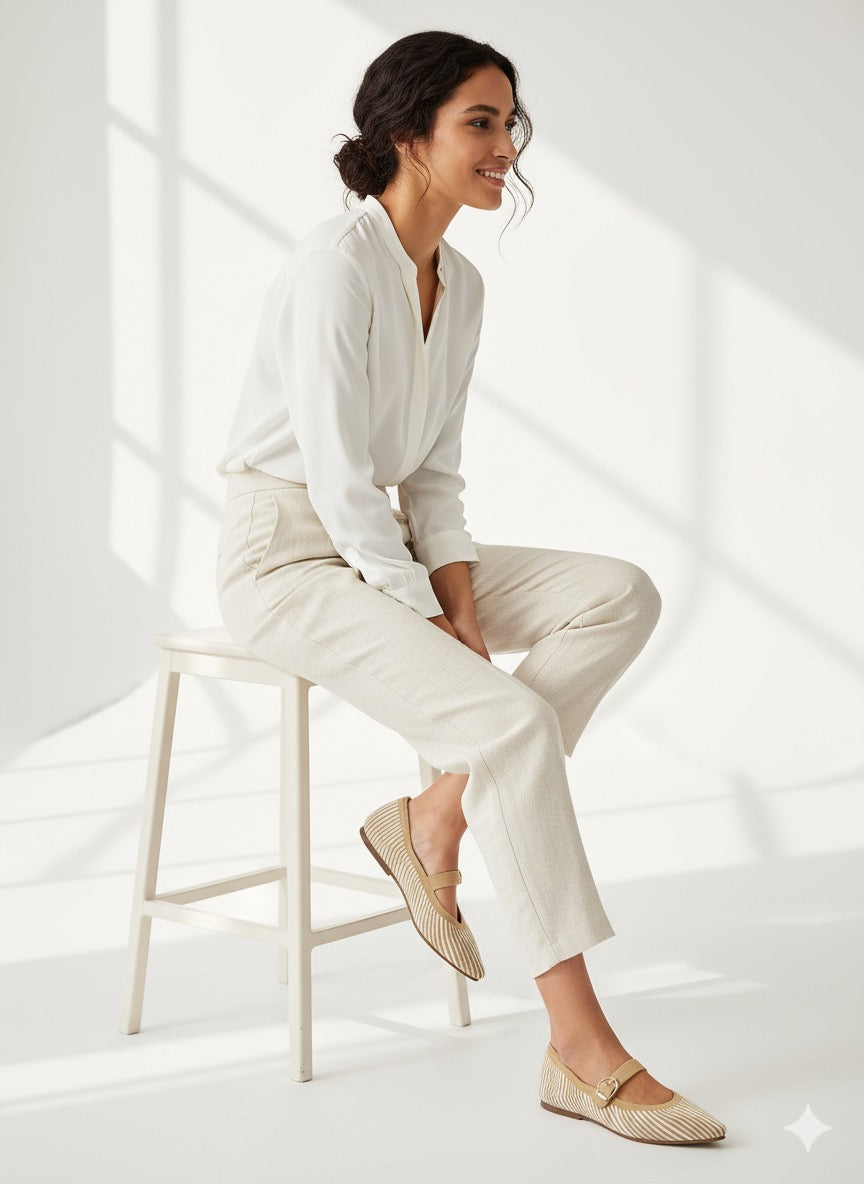 Rioz Cream Veloce Mary Janes for women with breathable knit fabric and adjustable strap-eco friendly Jane flats-sustainable footwear